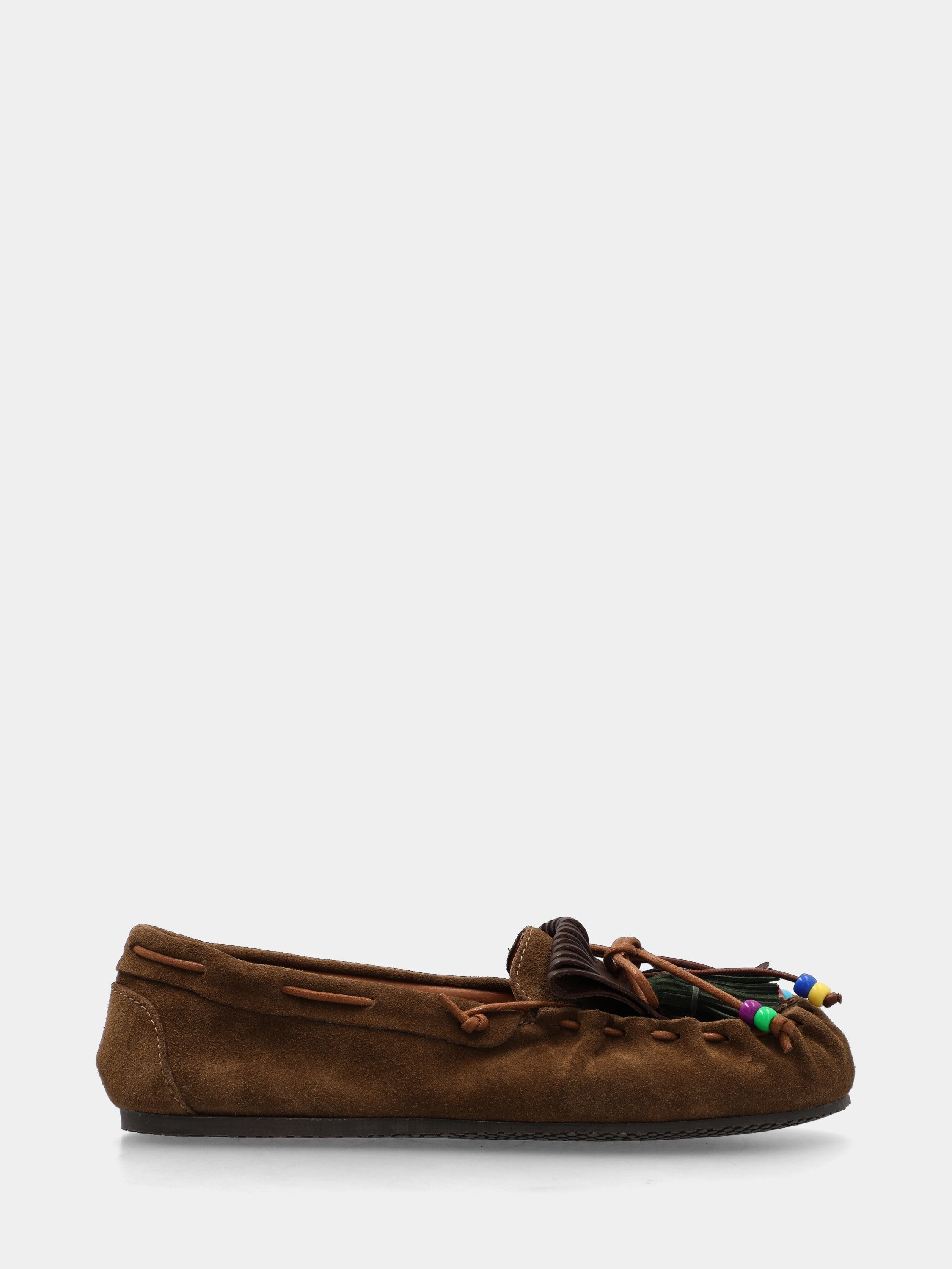 Mocassino in velour marrone con nappine e frangia