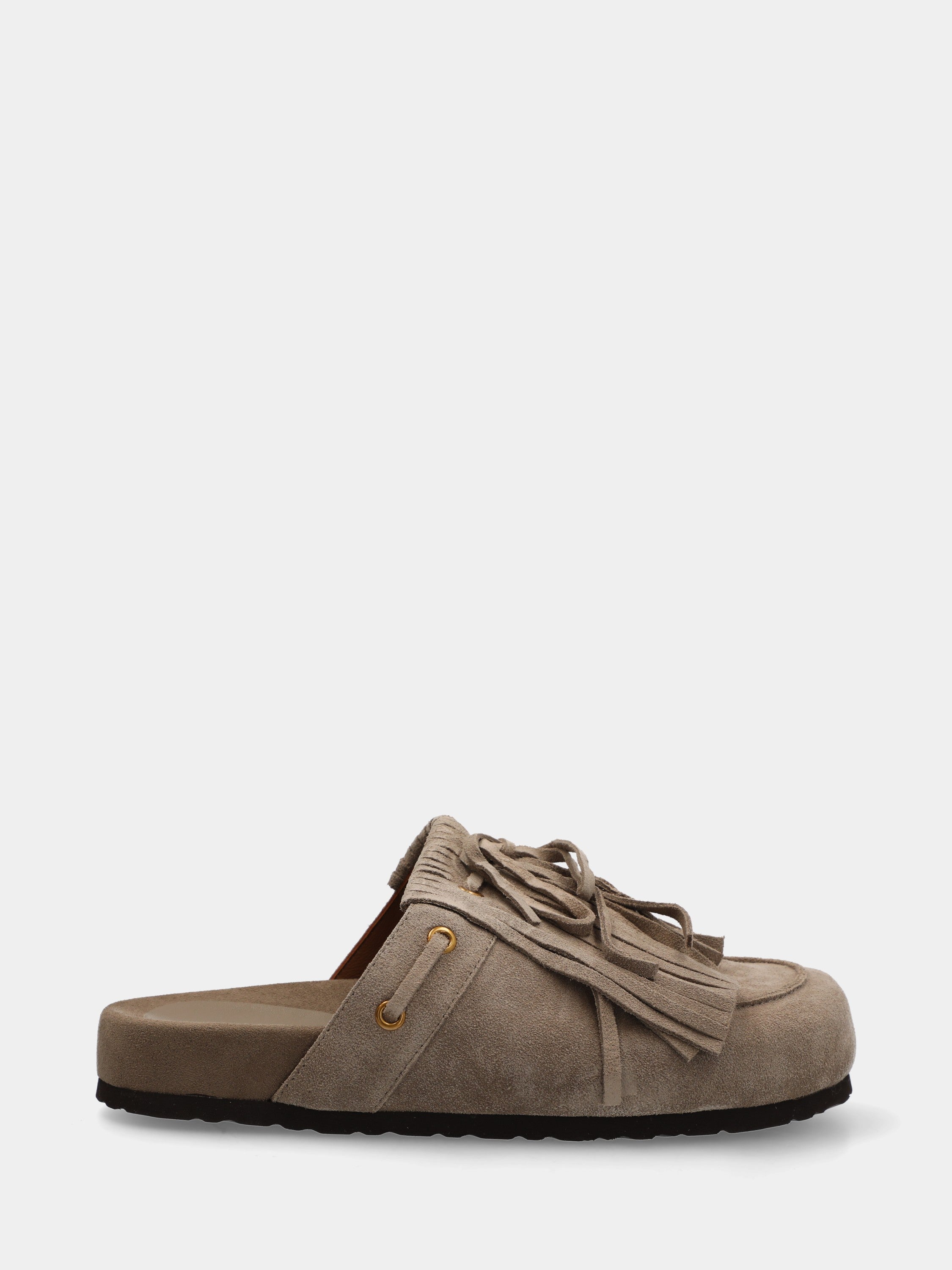 Sabot in camoscio beige con frangia e fiocco