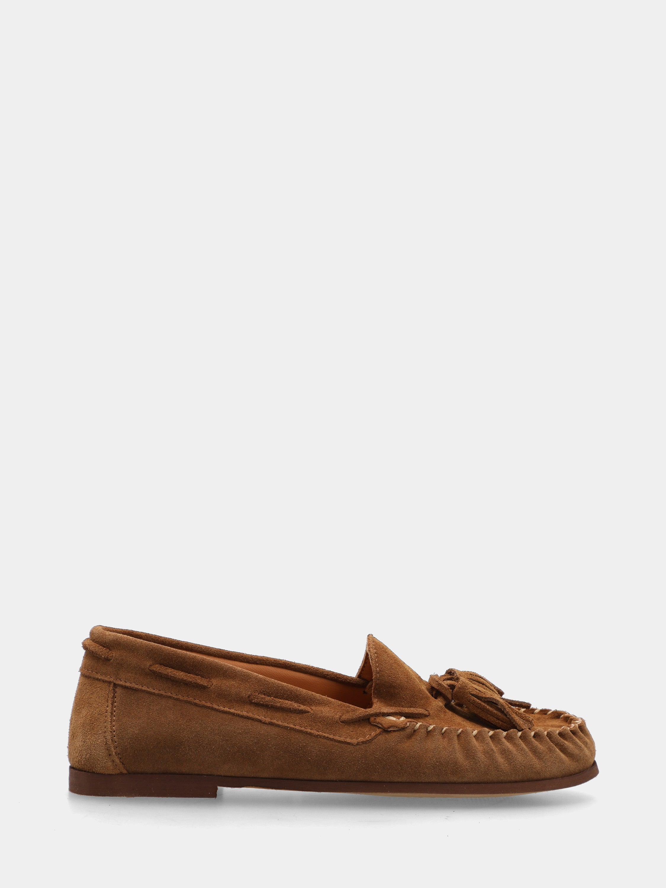 Mocassin en velours couleur cuir avec pompons et bout rond