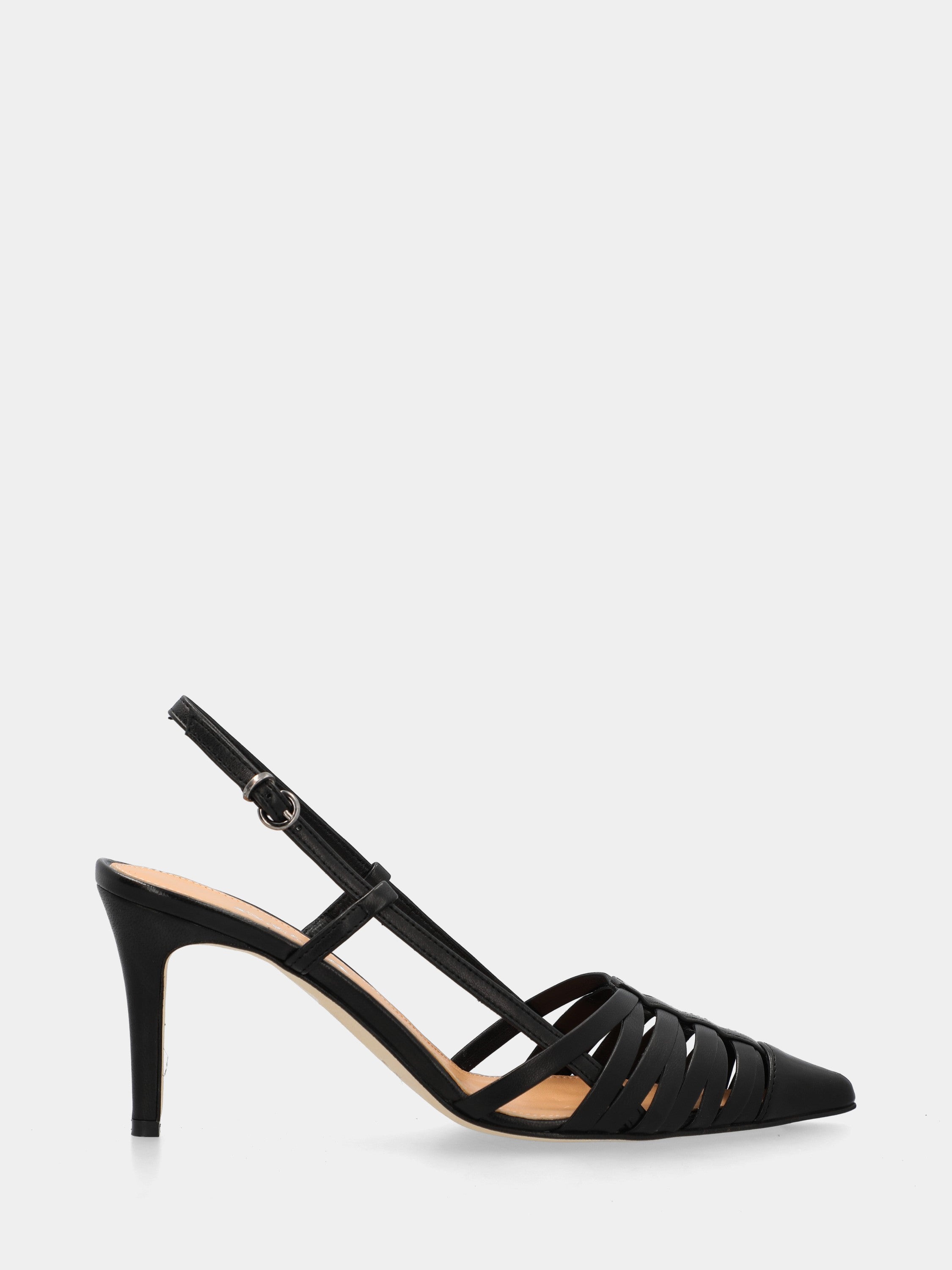 Slingback in nappa nera con cinturini incrociati e stiletto 75mm