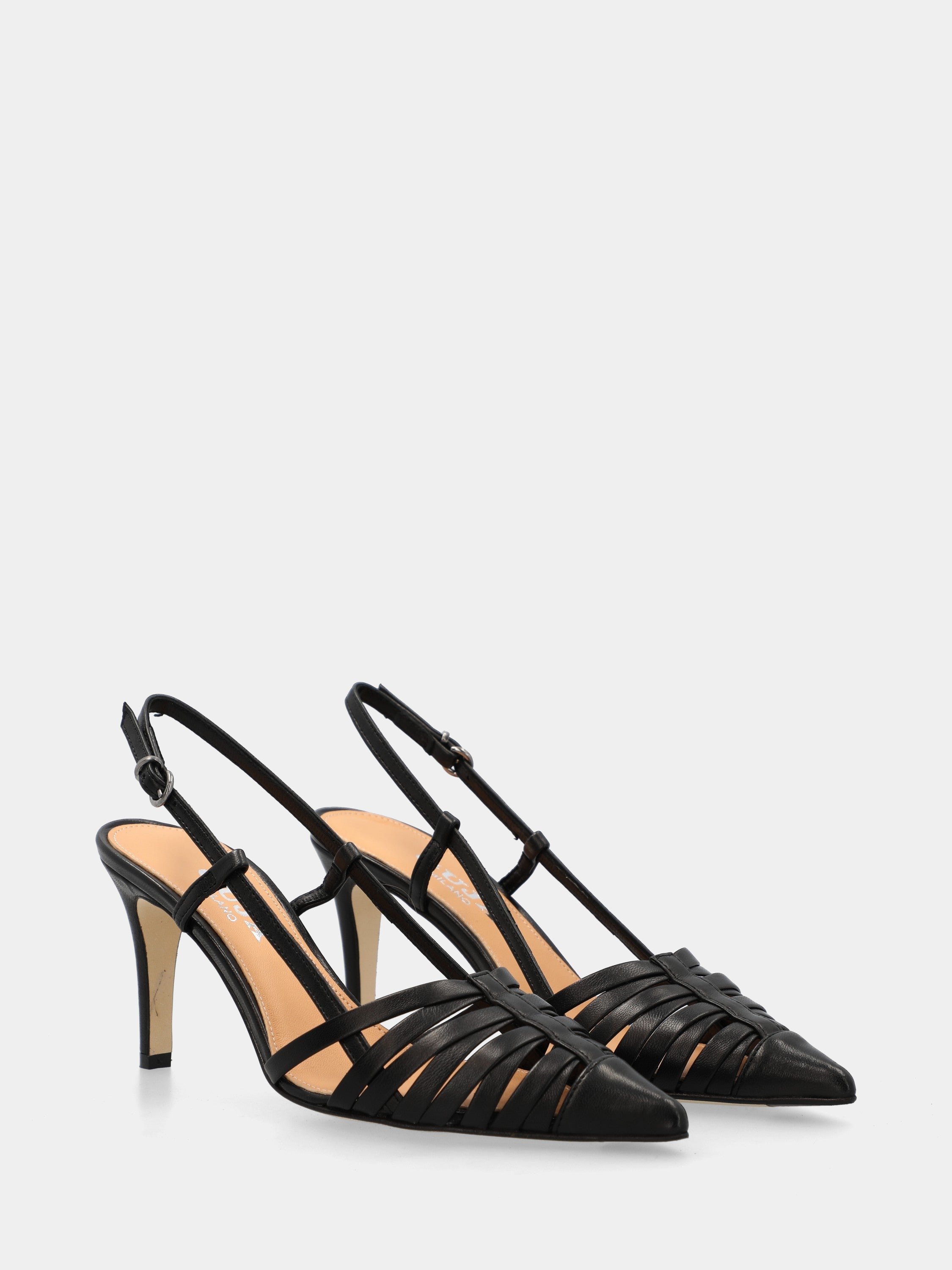 Slingback in nappa nera con cinturini incrociati e stiletto 75mm