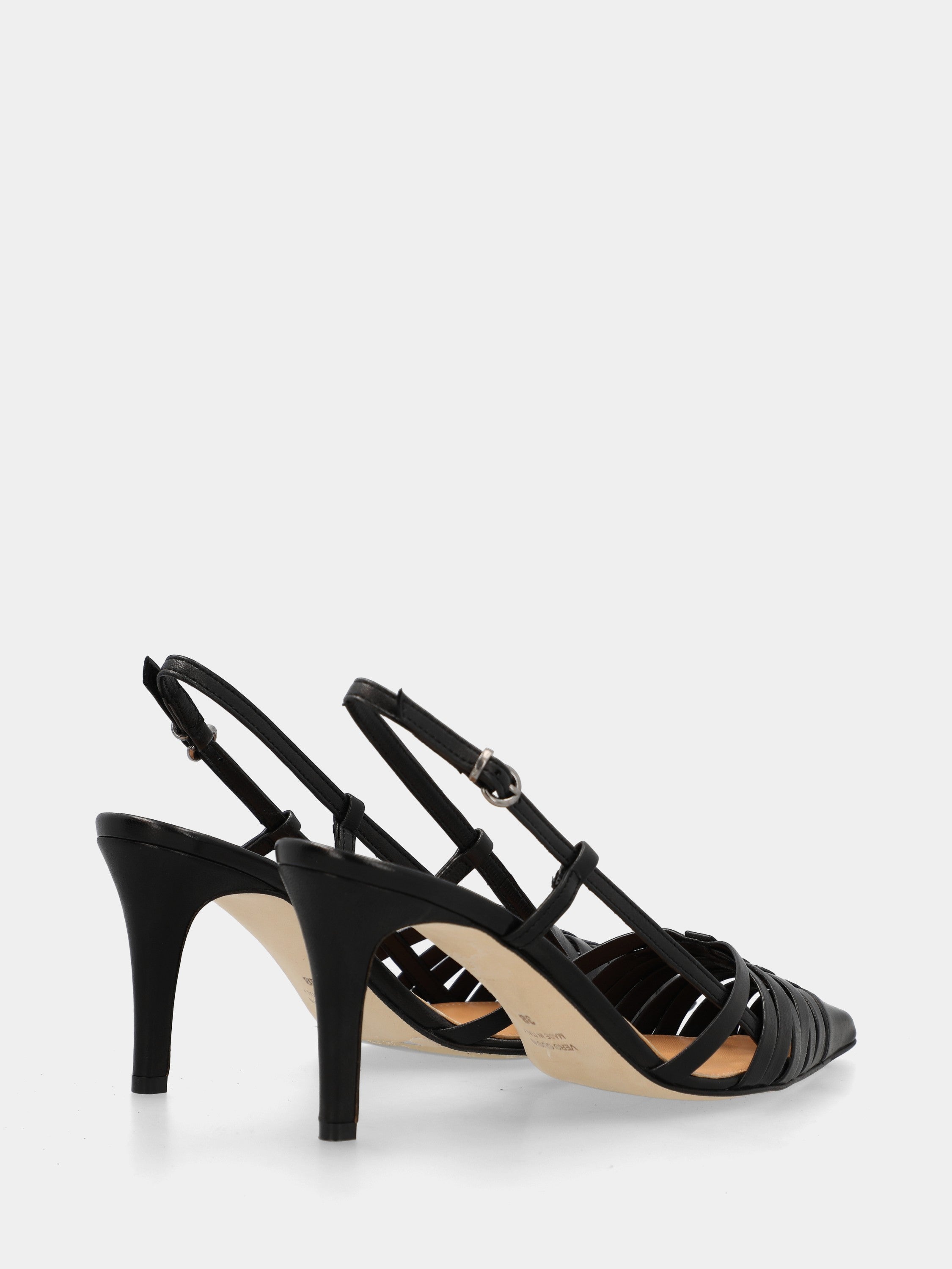 Slingback in nappa nera con cinturini incrociati e stiletto 75mm