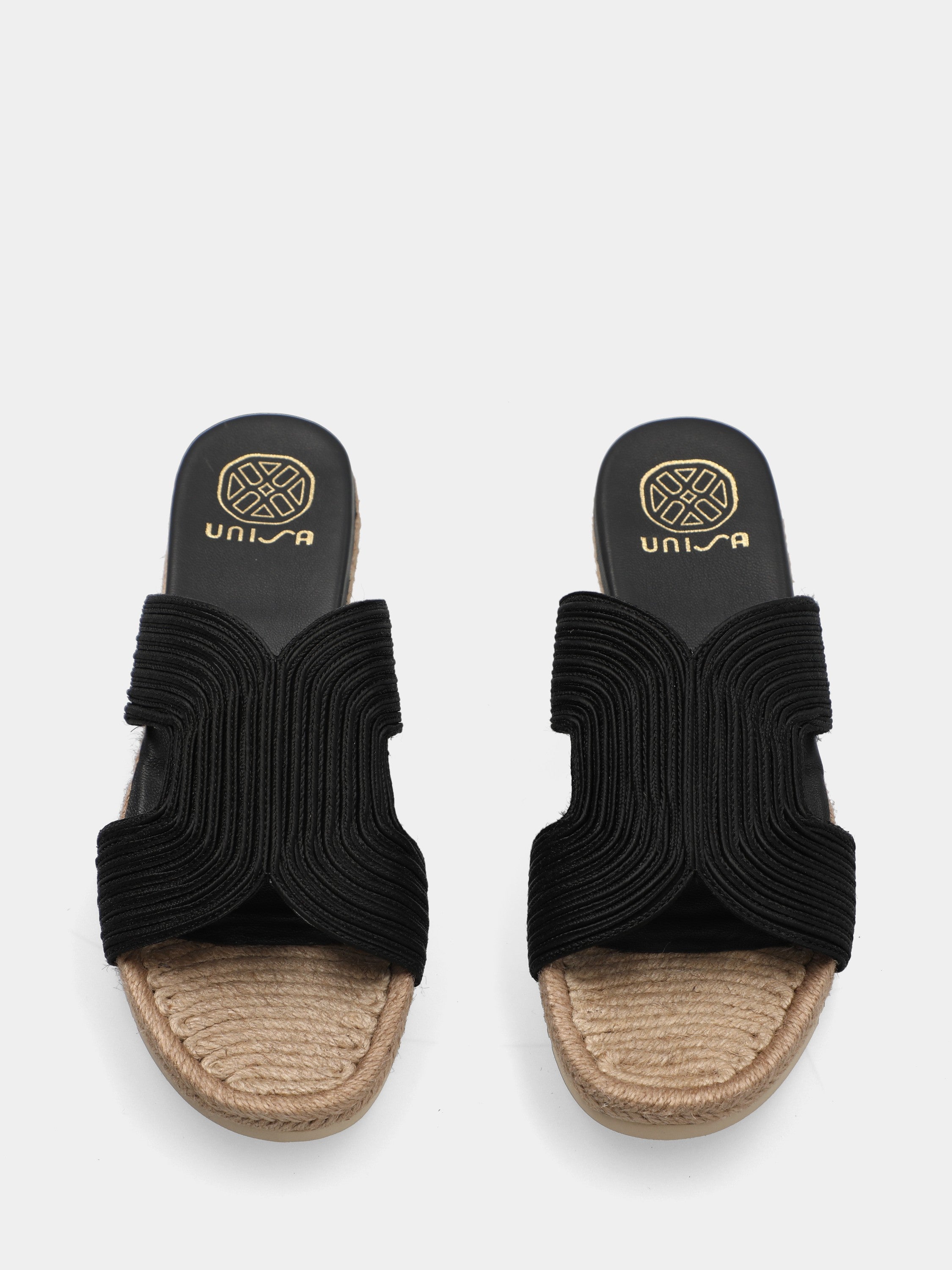 Ciabattina in raffia nera con plateau foderato corda