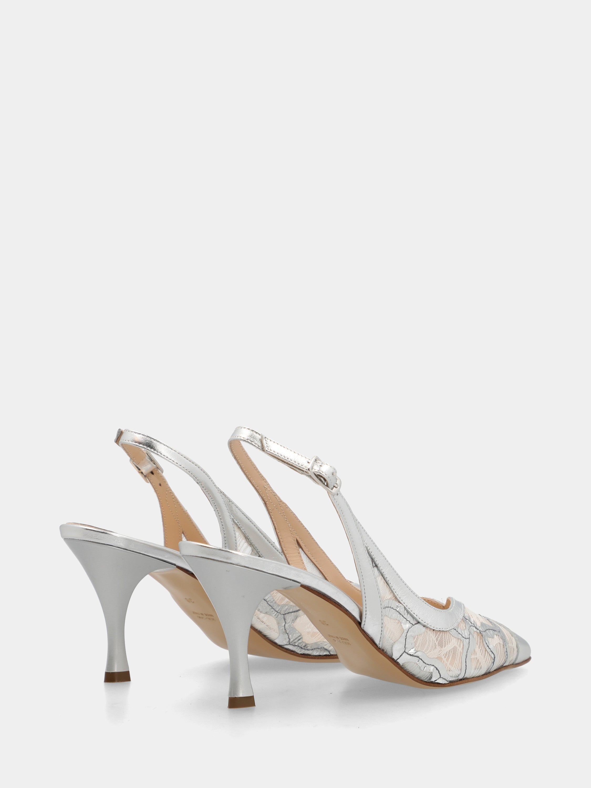 Silver laminated slingback with embroidery and pointed toe