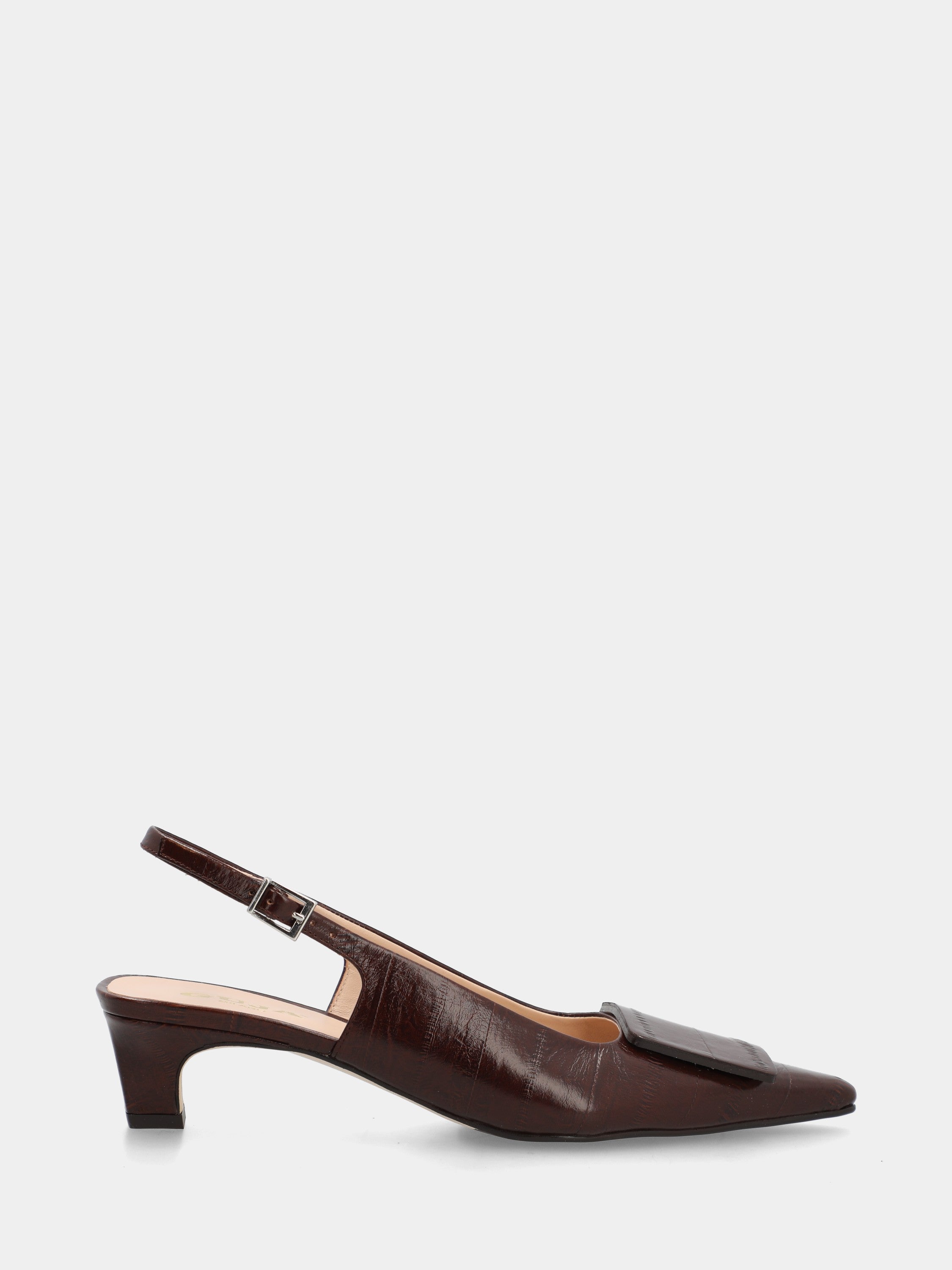 Slingback in dark brown eel-embossed calfskin with tail heel
