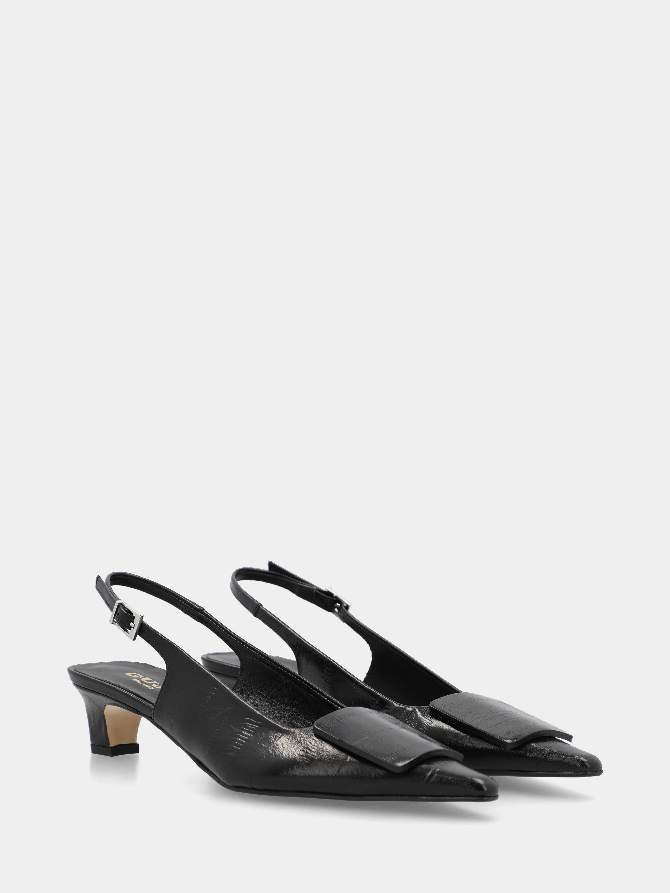 Escarpin slingback en veau imprimé anguille noire avec talon aiguille