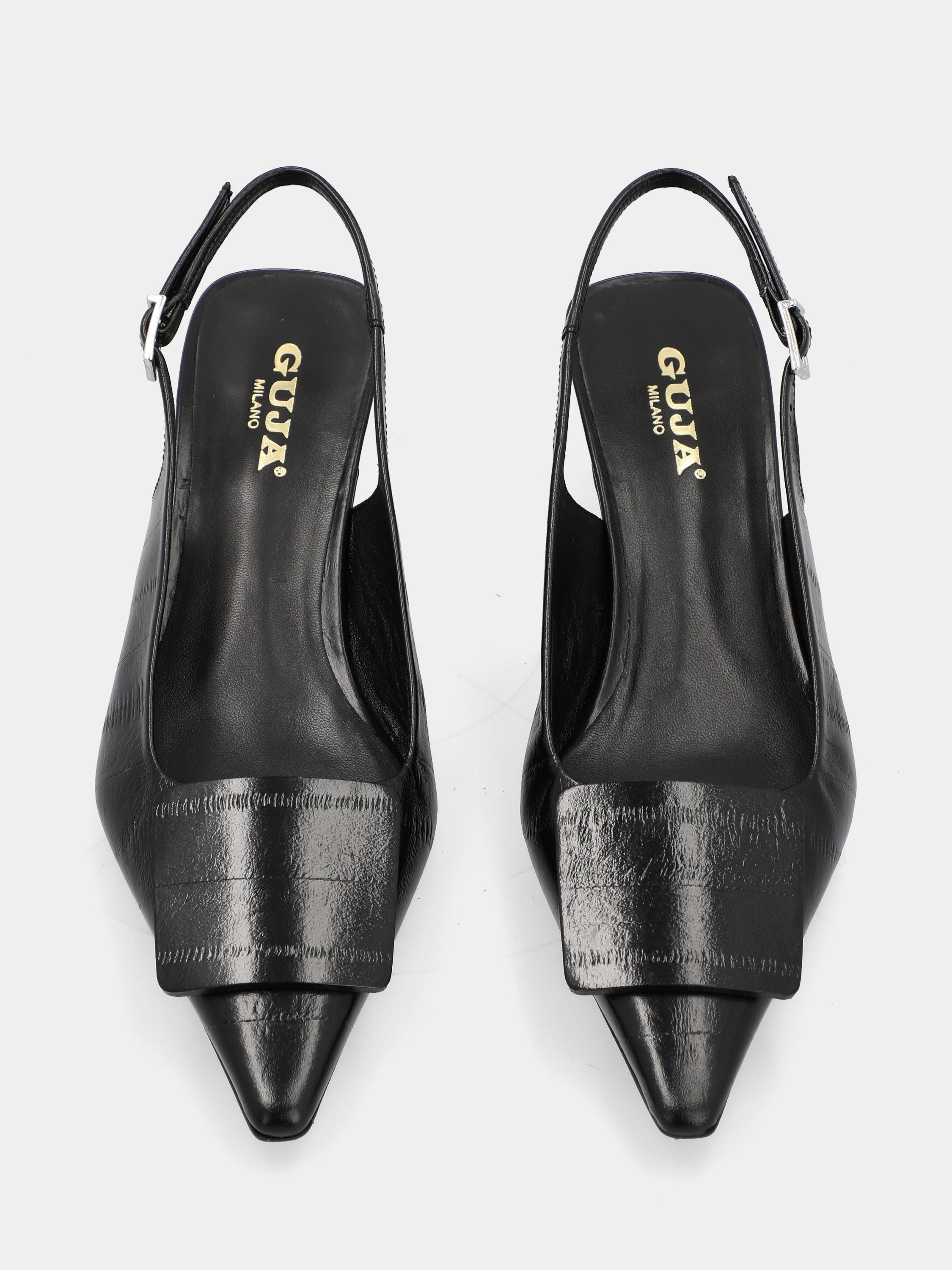 Escarpin slingback en veau imprimé anguille noire avec talon aiguille