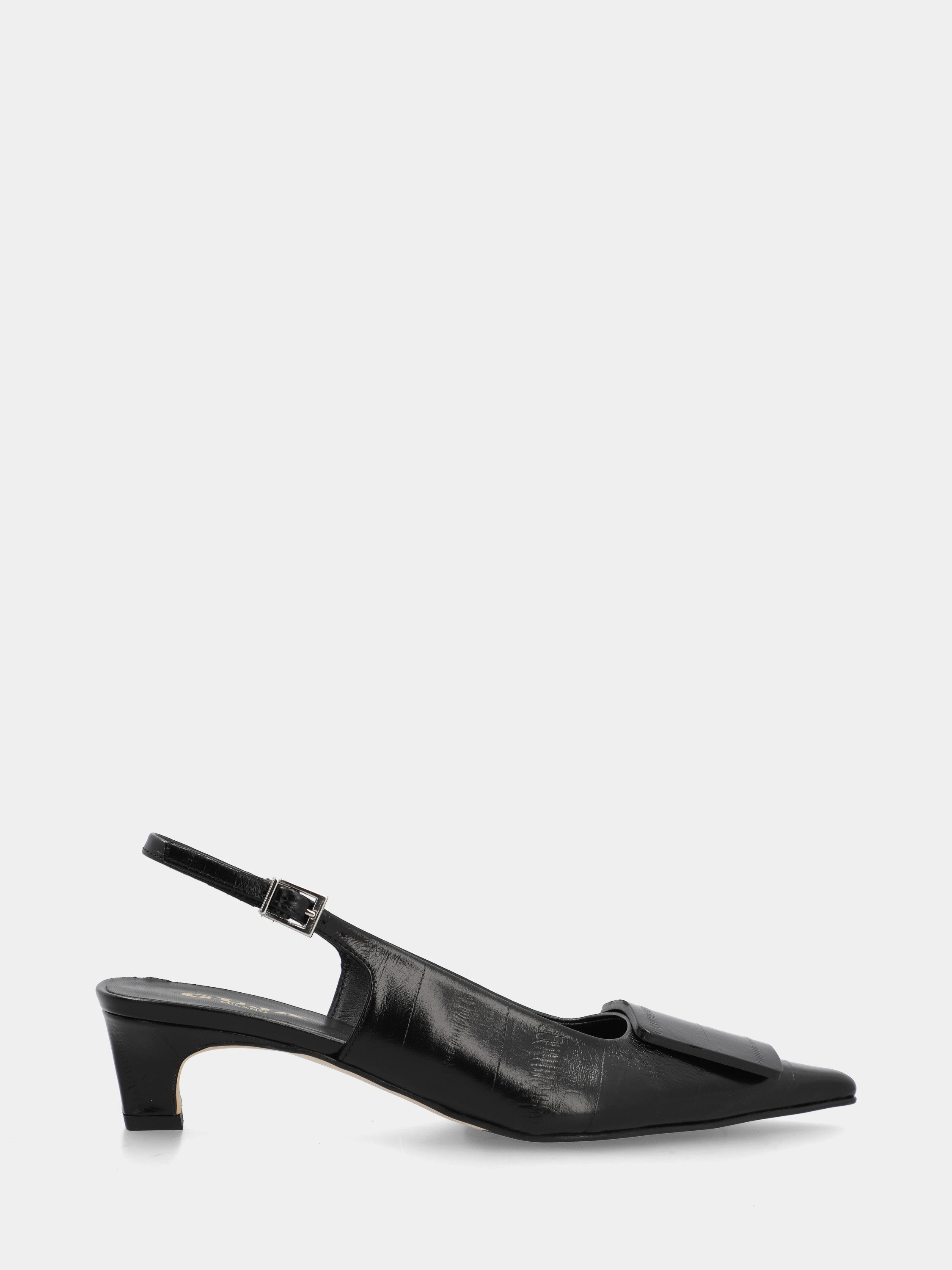 Escarpin slingback en veau imprimé anguille noire avec talon aiguille