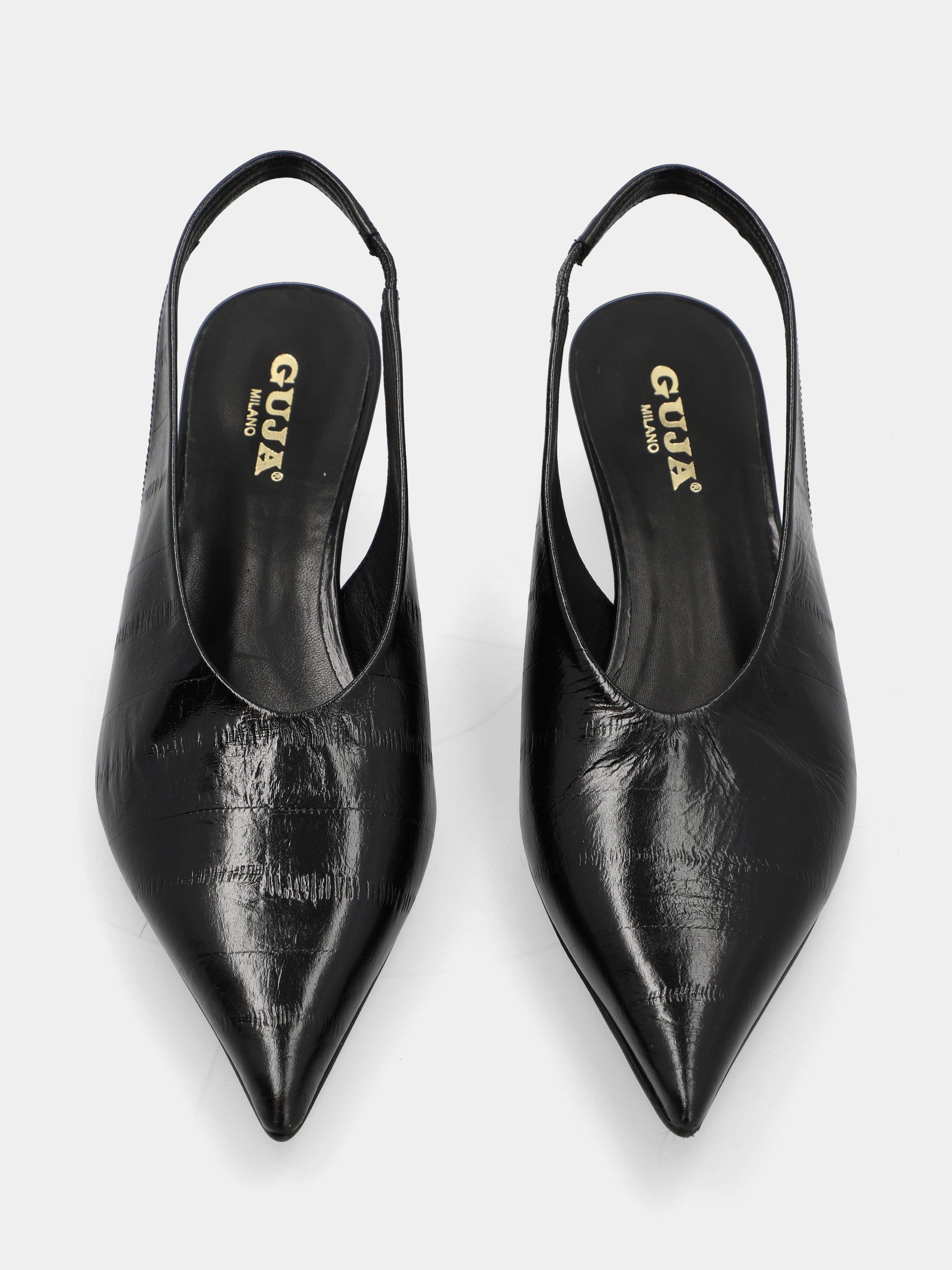 Slingback aus schwarzem Anguilla-Prägungsvitello mit Keilabsatz