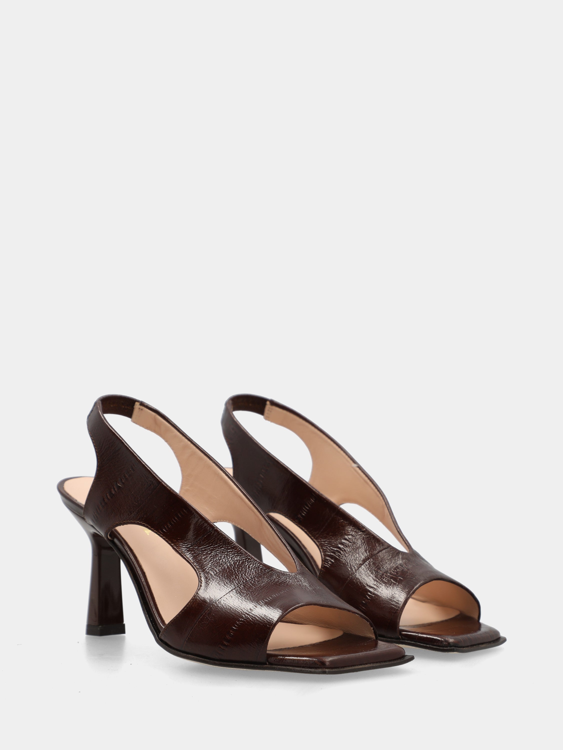 Sandalo slingback in vitello stampato anguilla testa di moro con tacco a coda