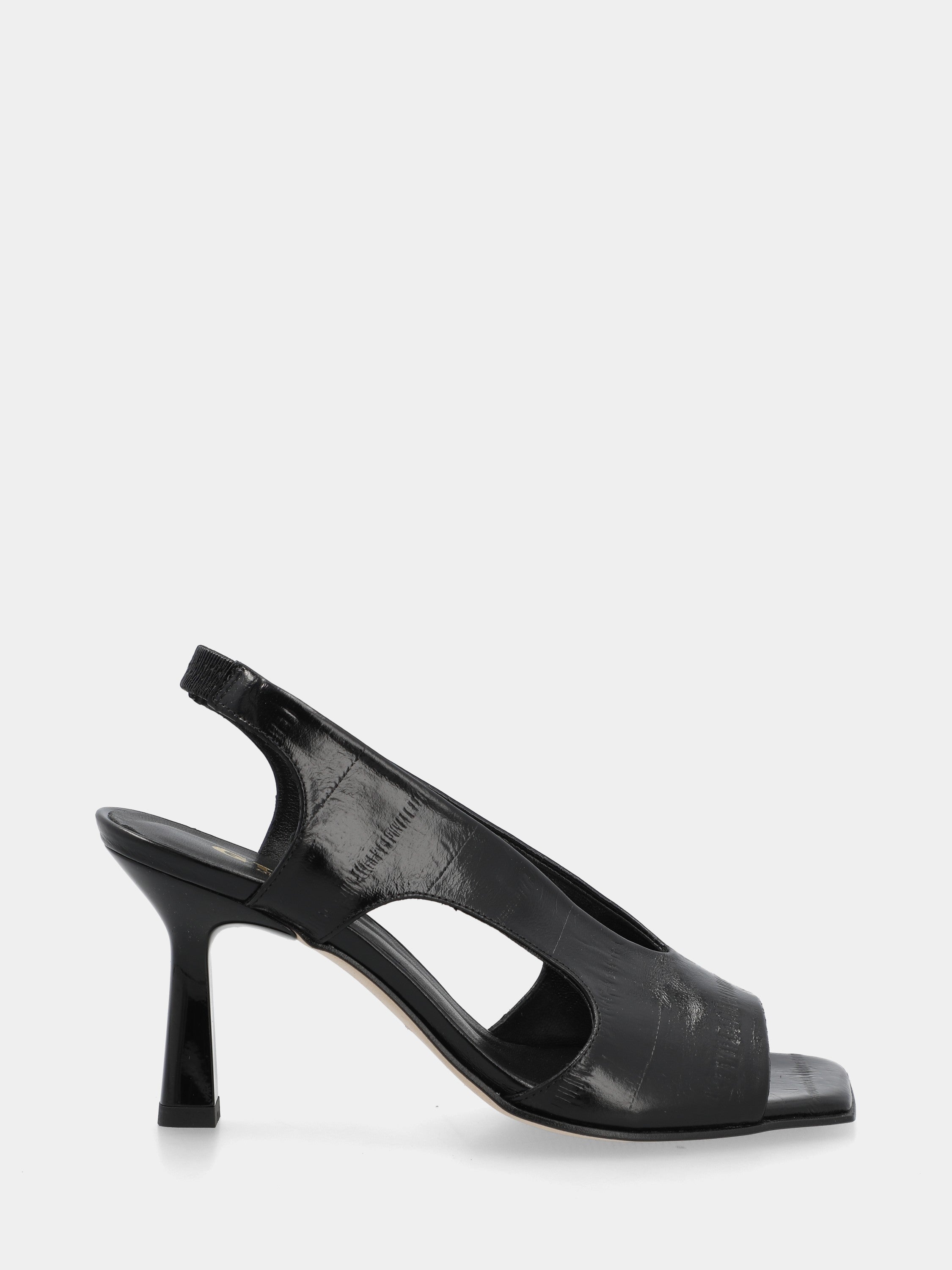 Sandale slingback en veau imprimé anguille noire avec talon aiguille