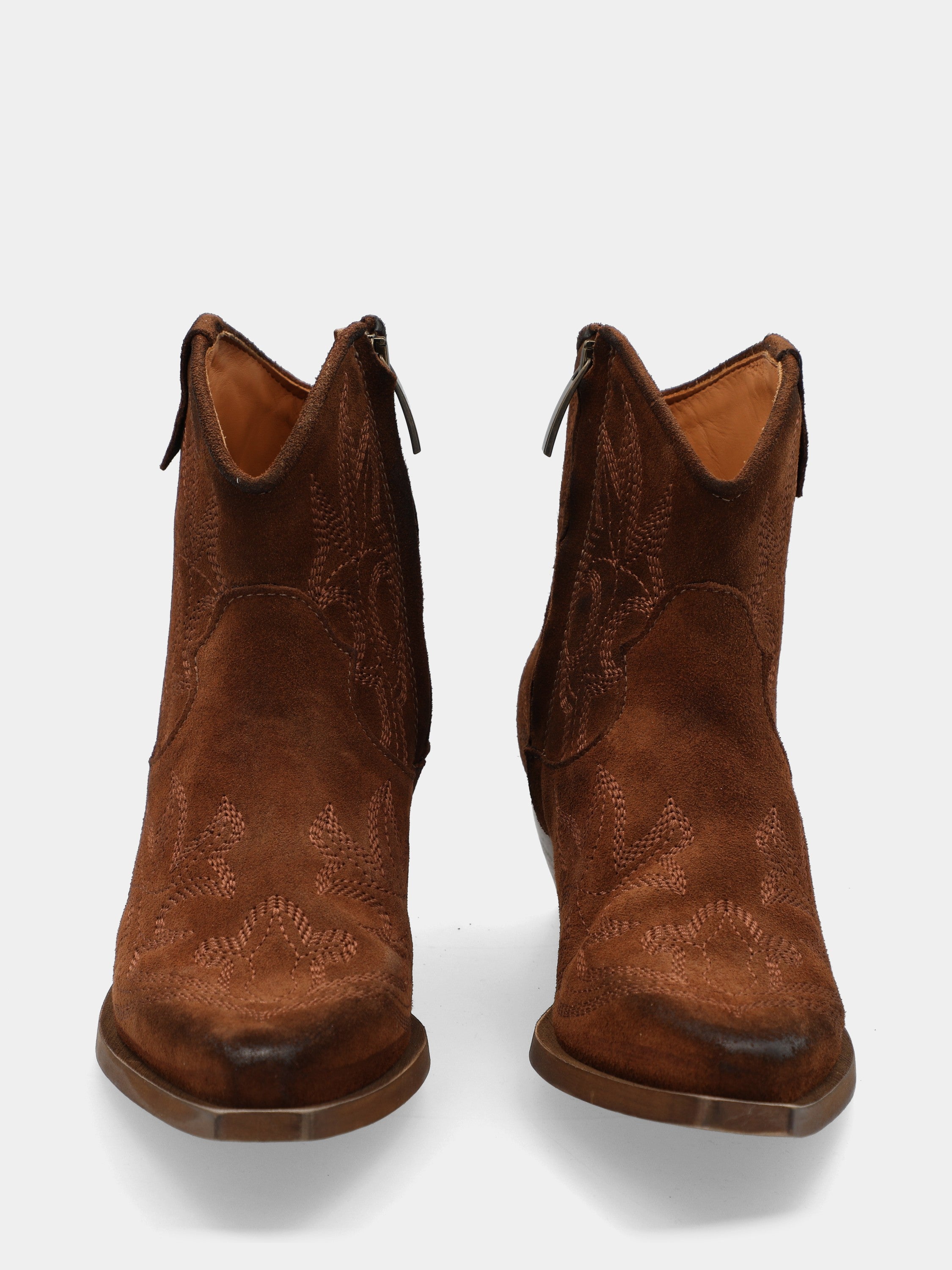 Western ankle boot in embroidered brown suede with pointed toe