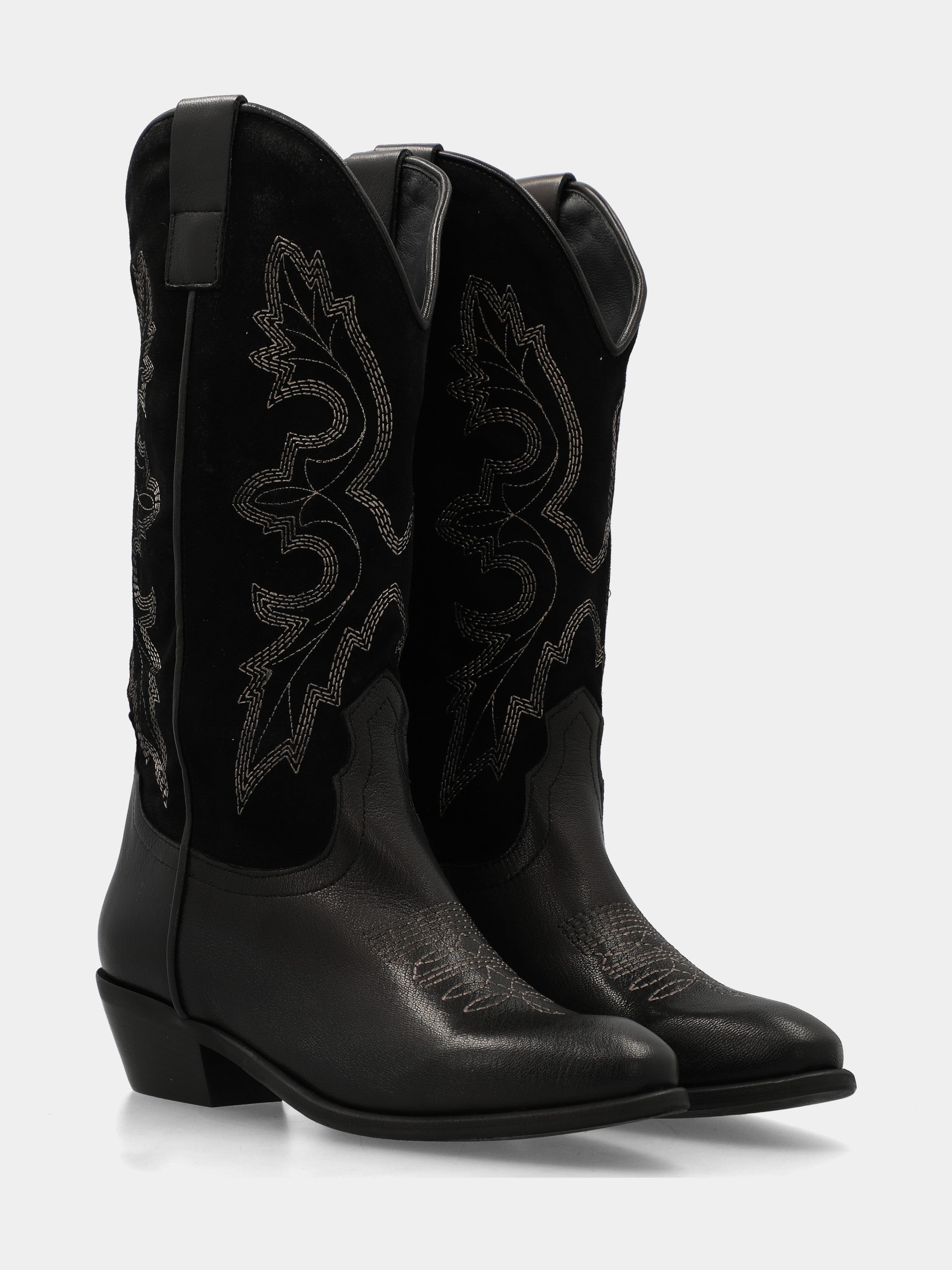 Bottes western à bottes en veau et suède noir brodé