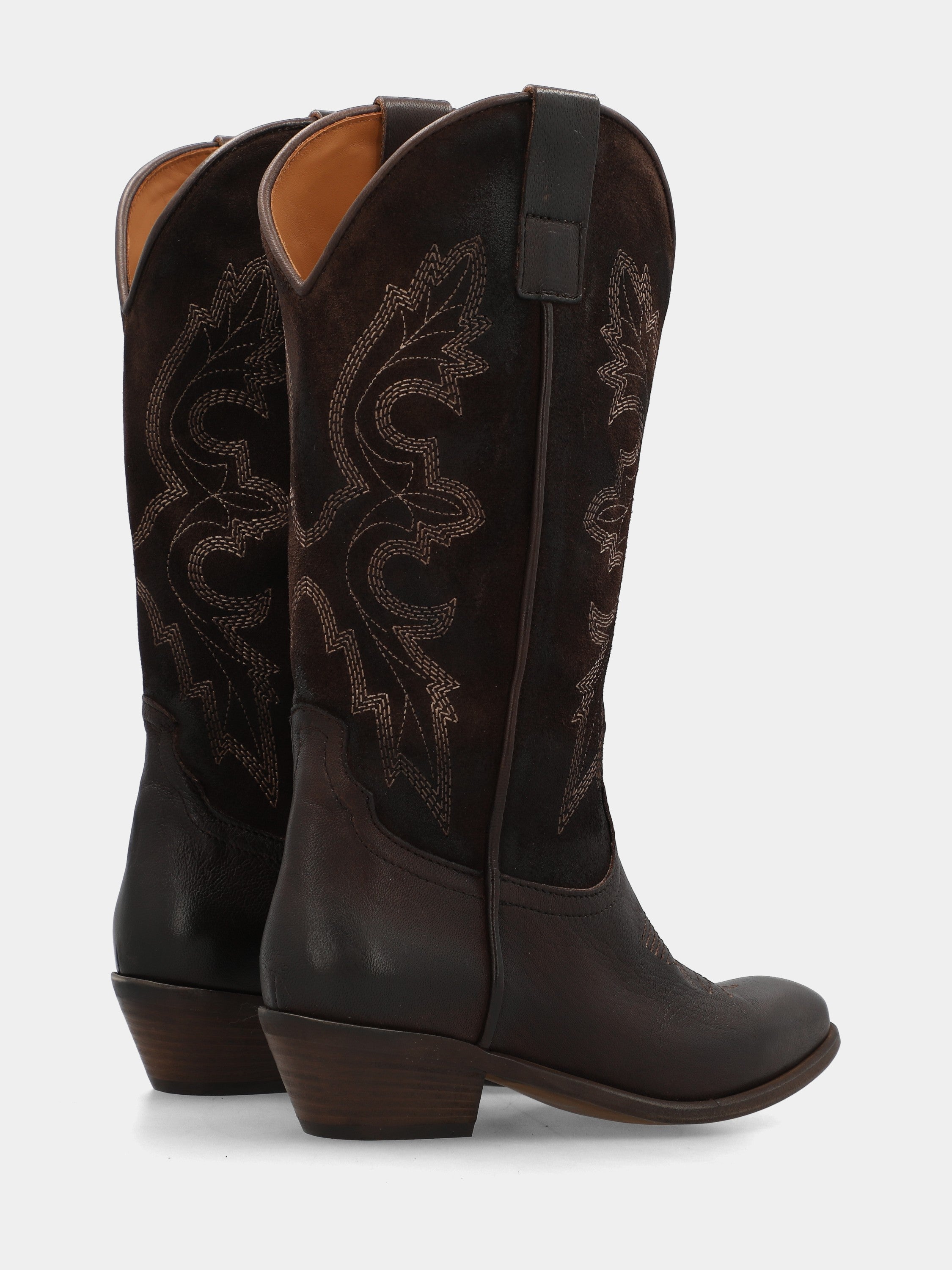 Western boots ankle boots in calfskin and embroidered dark brown suede