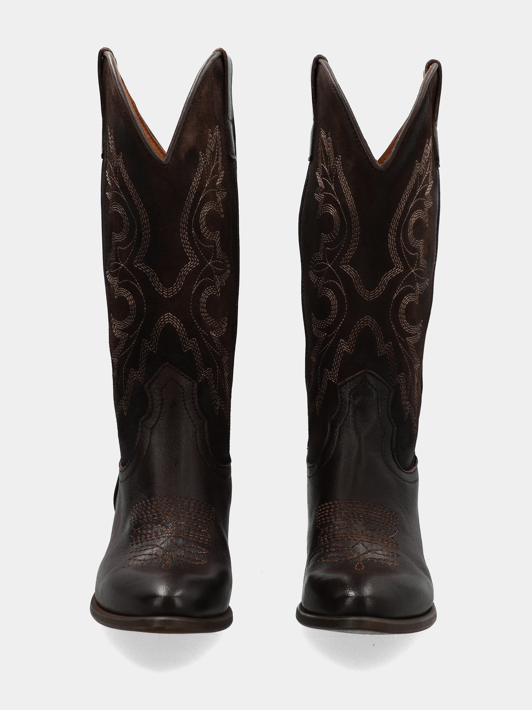 Western boots ankle boots in calfskin and embroidered dark brown suede