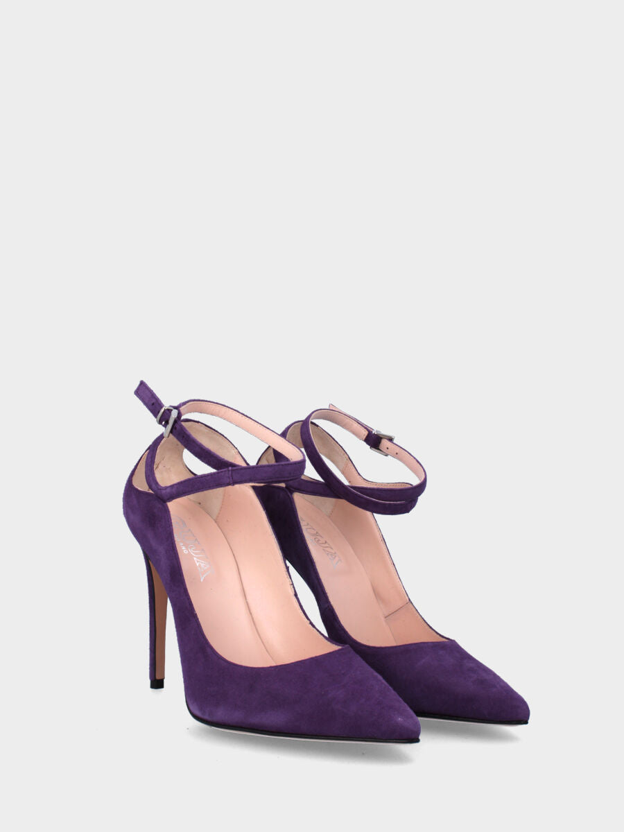 Décolleté viola in pelle con cinturino incrociato alla caviglia