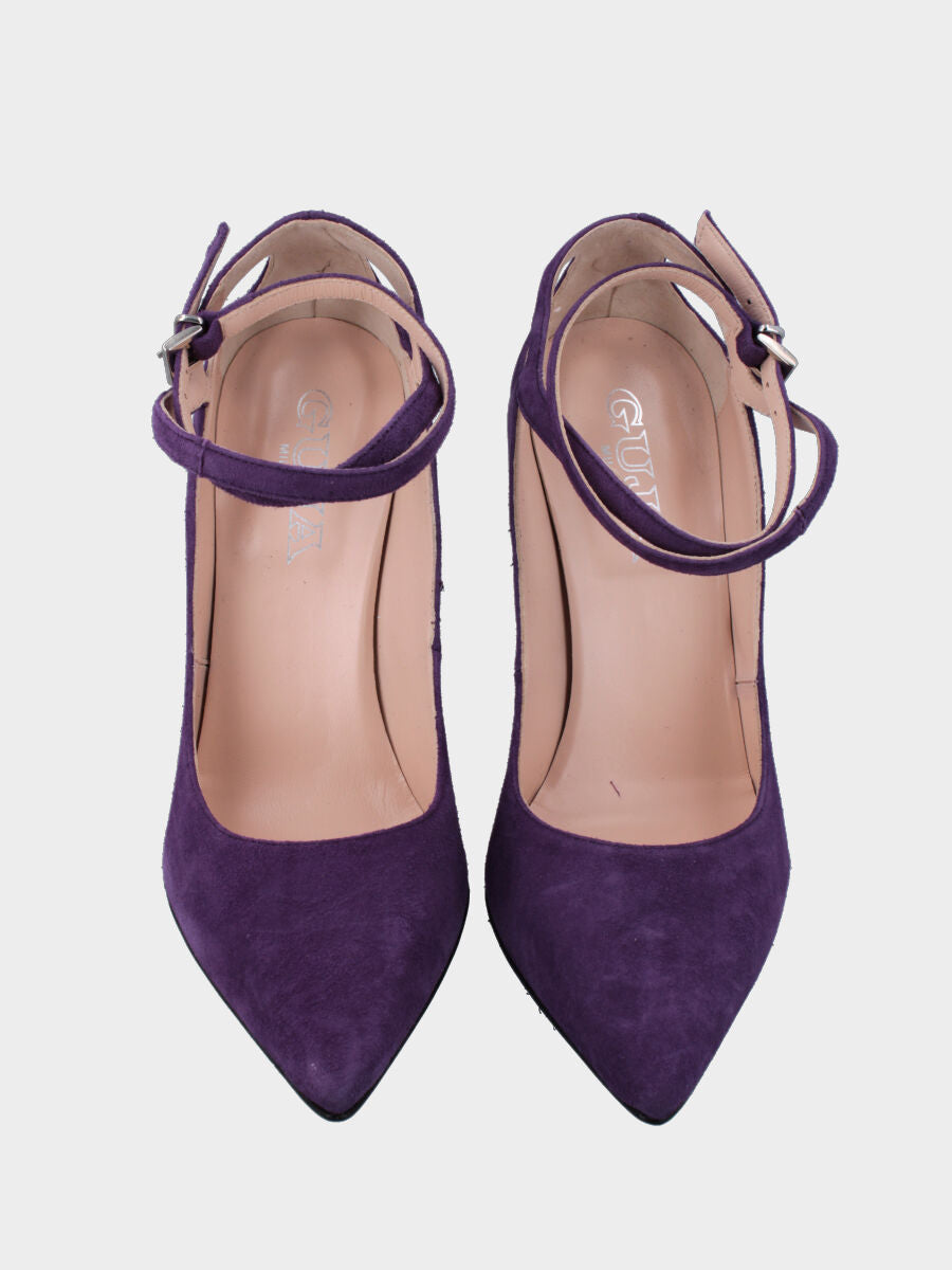 Décolleté viola in pelle con cinturino incrociato alla caviglia