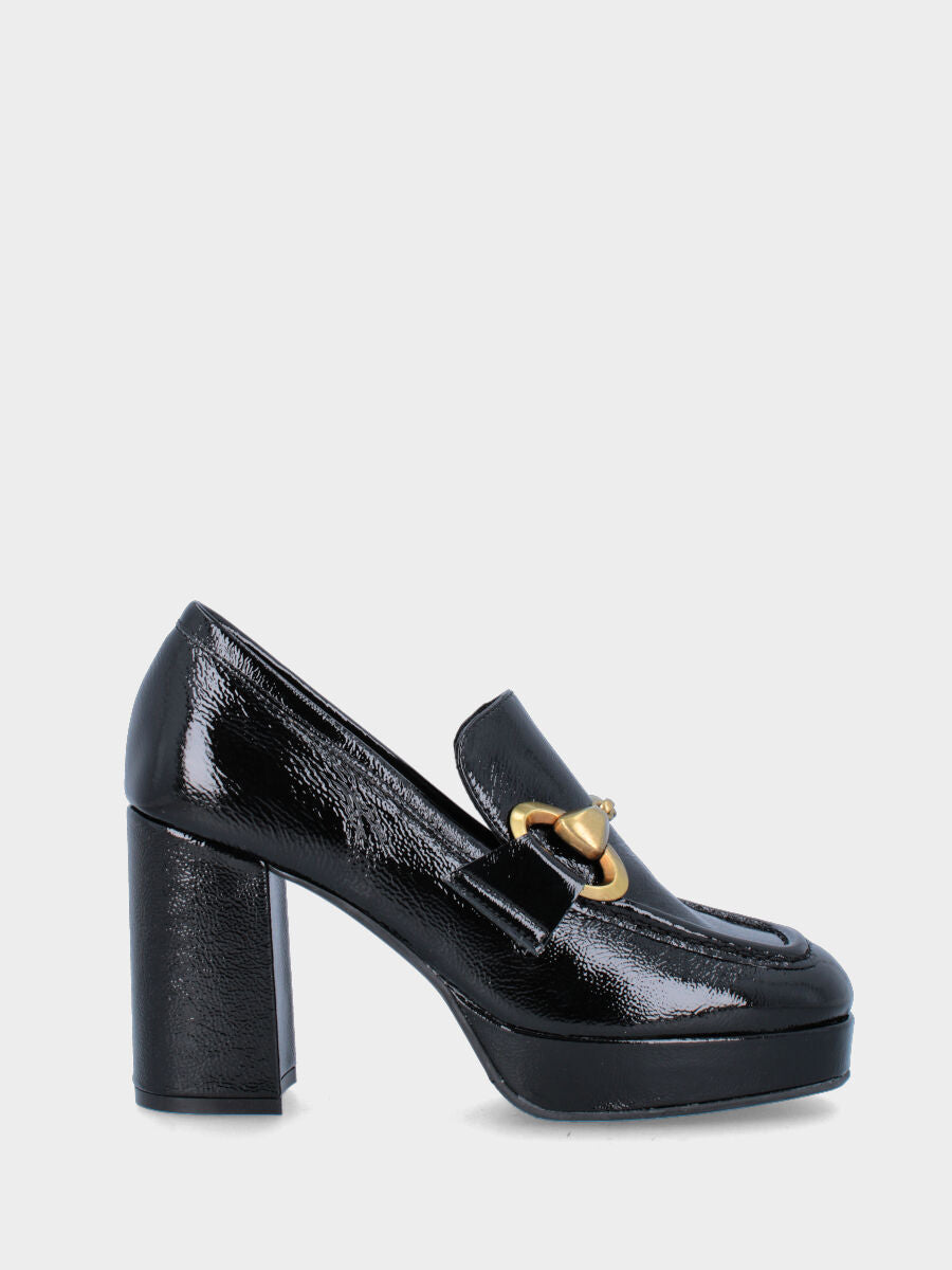 Black leather moccasin with oversized buckle