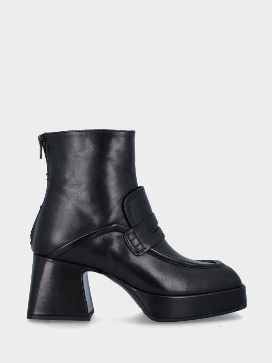Black leather ankle boot with tab and strap