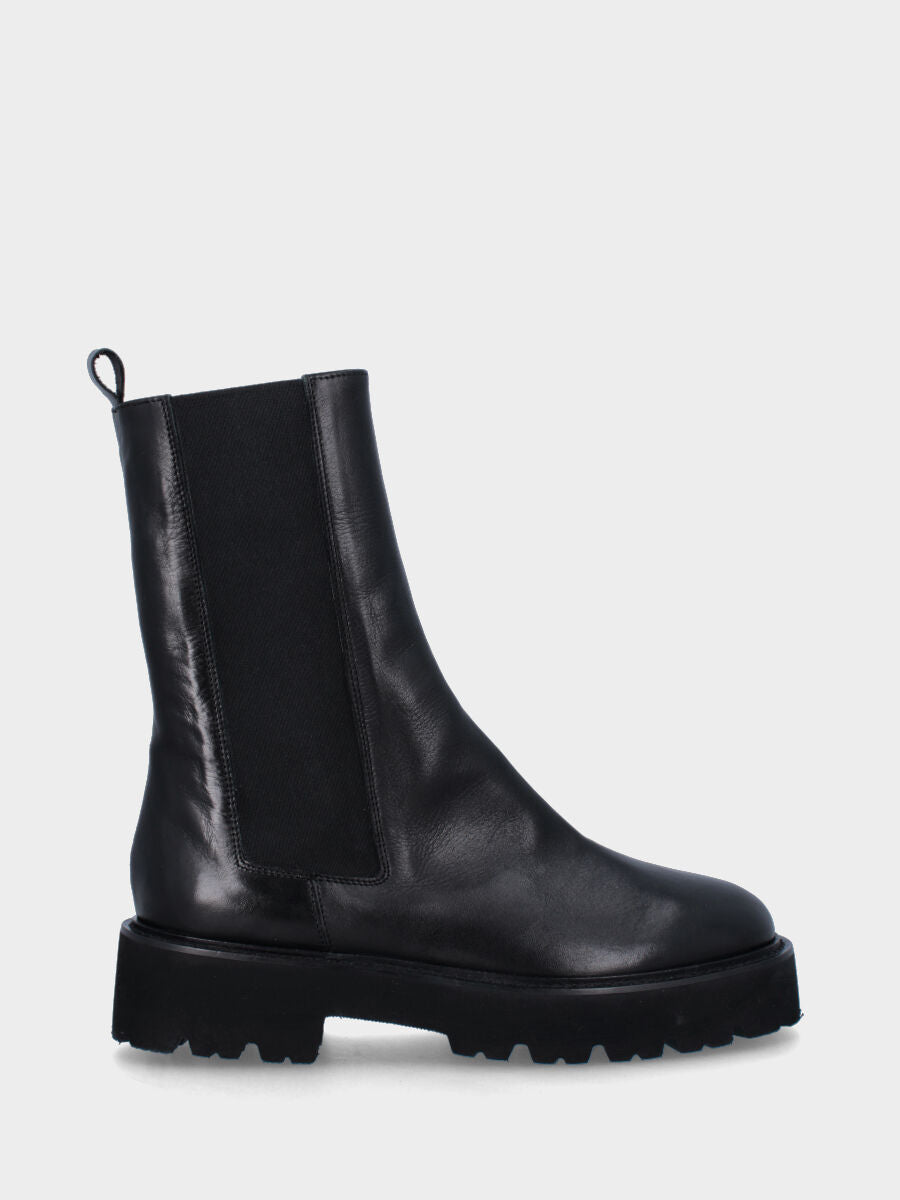 beatle monoblocco con tacco 30mm e plateau di 20mm, punta tonda, con fasce elasticizzate dritte lungo il gambaletto, suola in gomma e fondo carrarmato