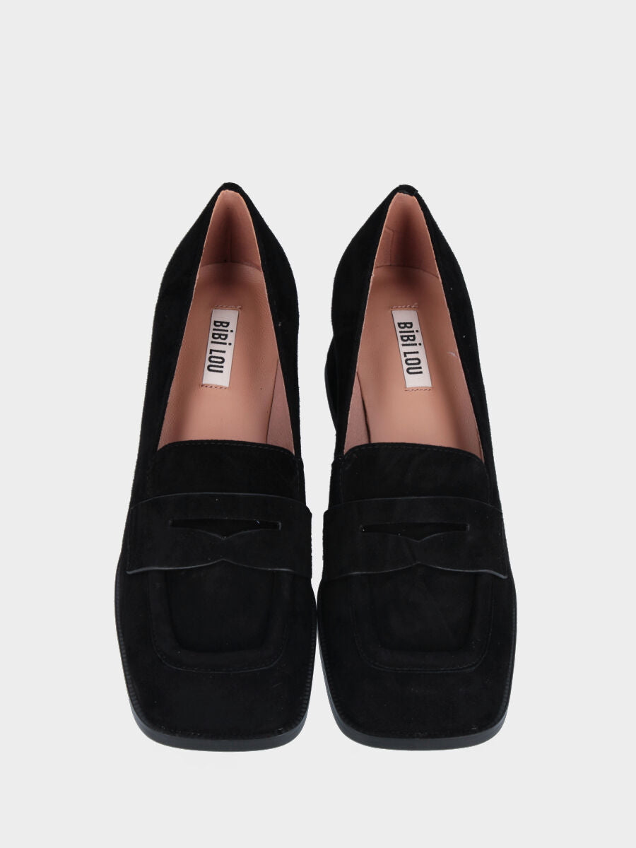 Mocassino nero in pelle con tacco fasciato