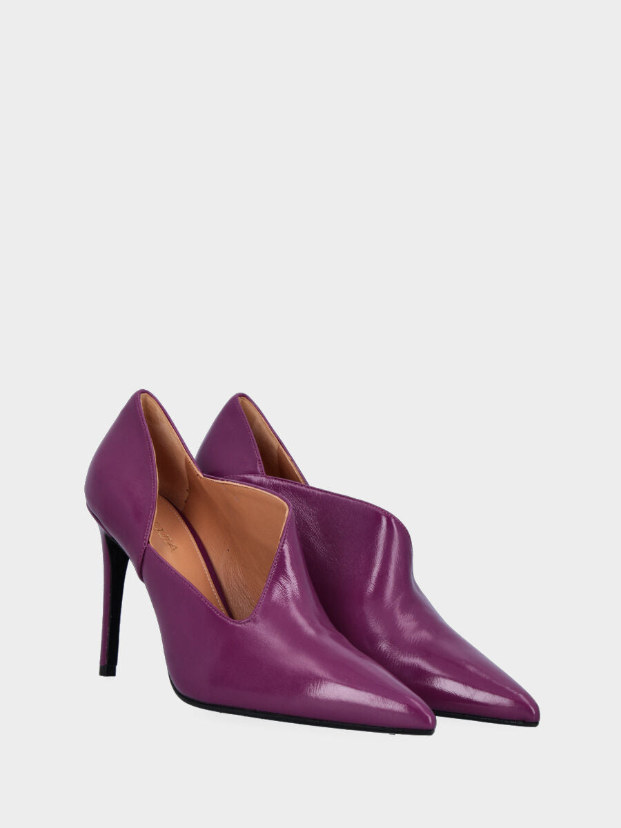 Décolleté viola in pelle con scollo asimmetrico