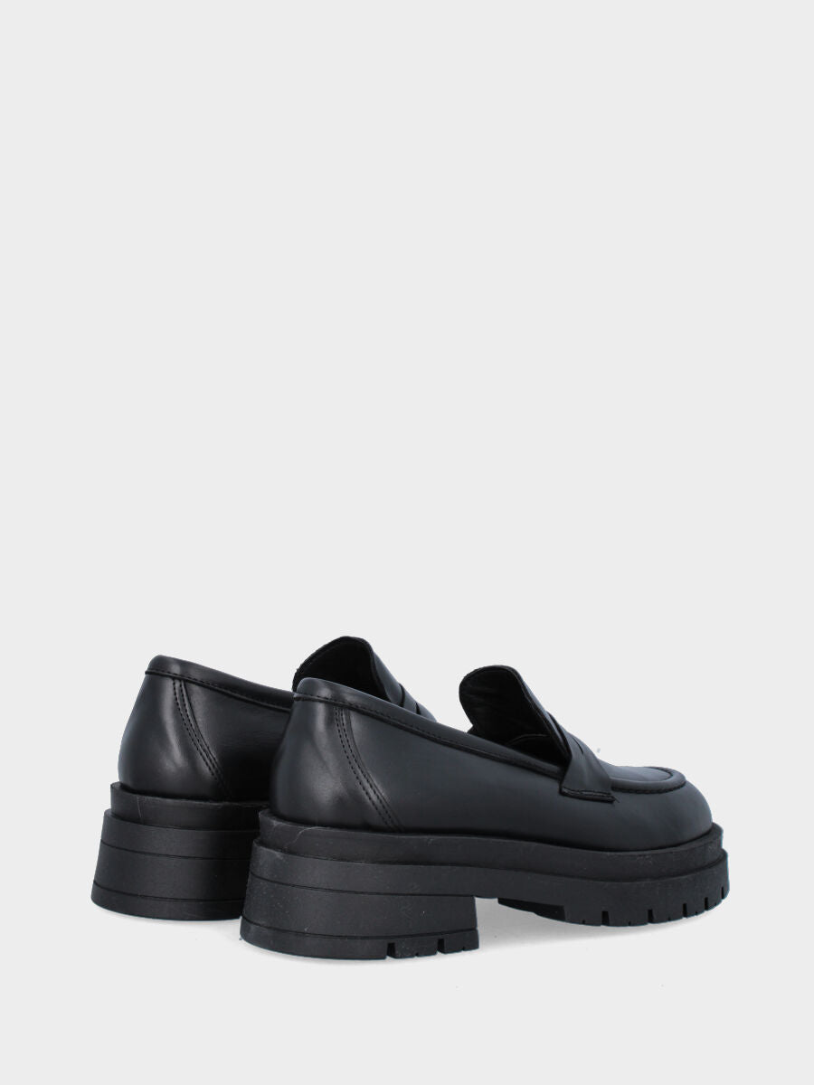Black leather loafer with strap and combat sole