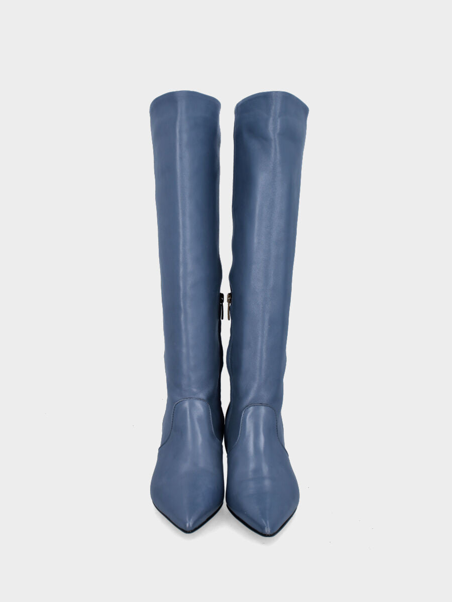 Botte bleue en cuir avec coupe oblique et talon fin