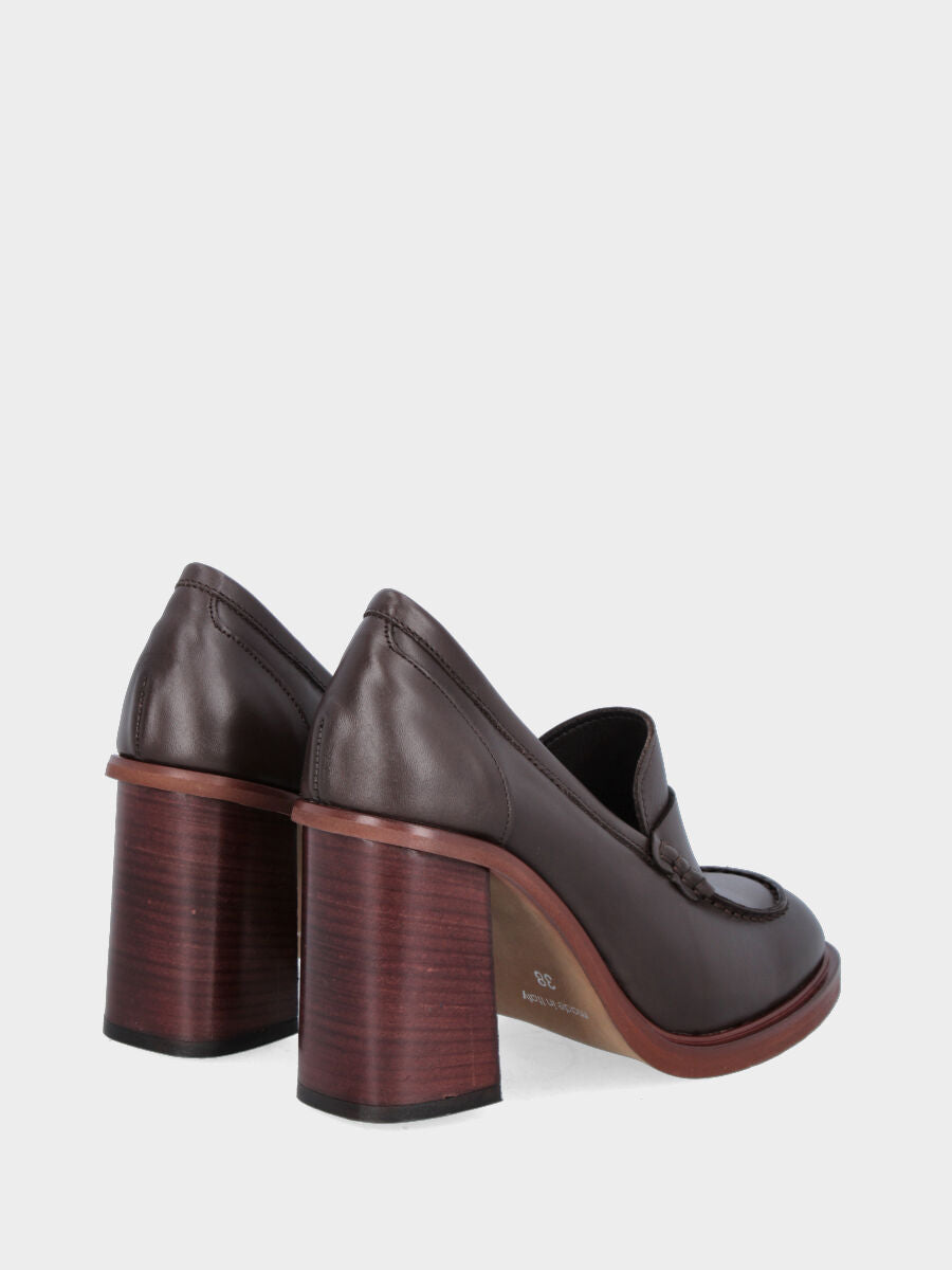 Brown leather moccasin with wide heel
