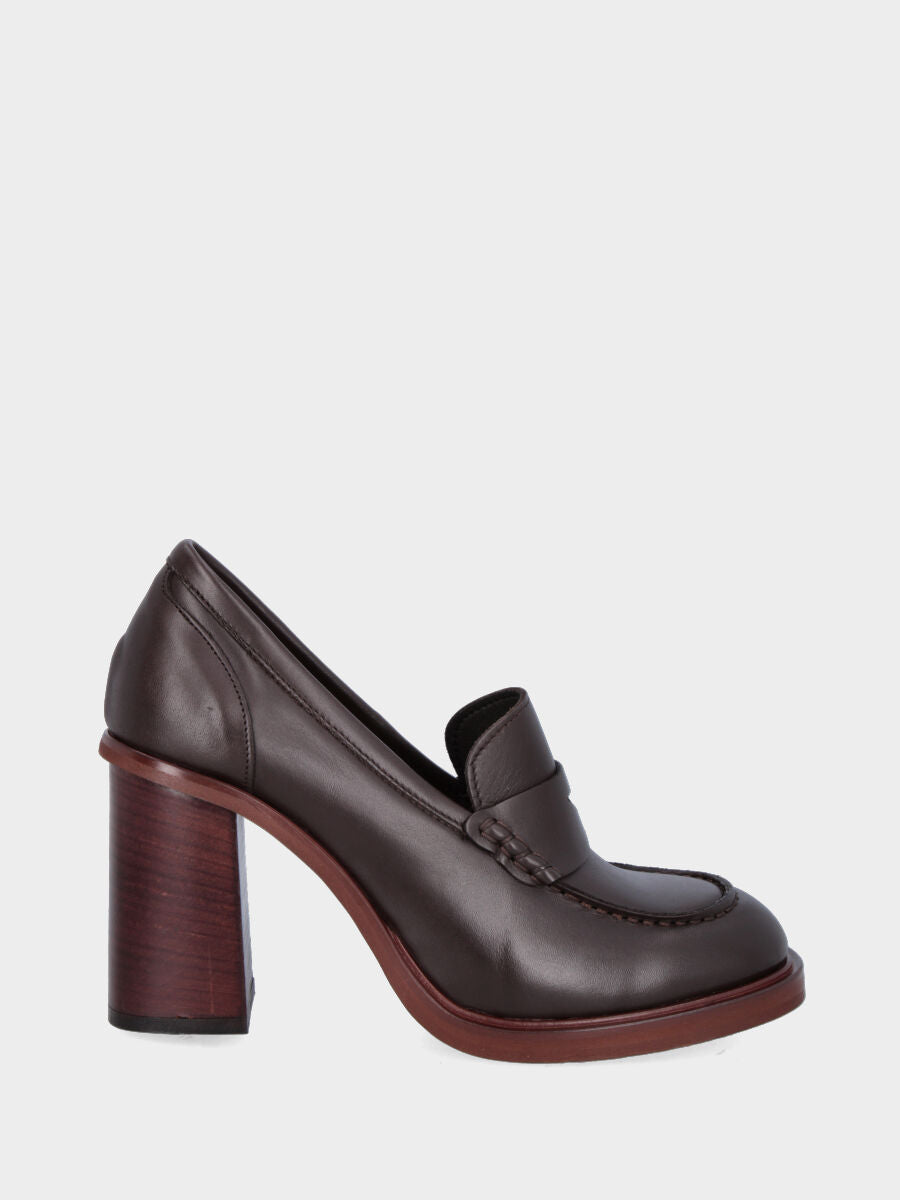 Brown leather moccasin with wide heel