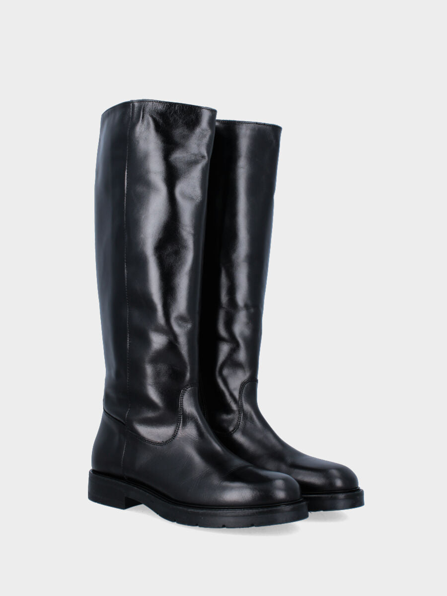 Botte noire en cuir avec tige lisse et fermeture éclair intérieure