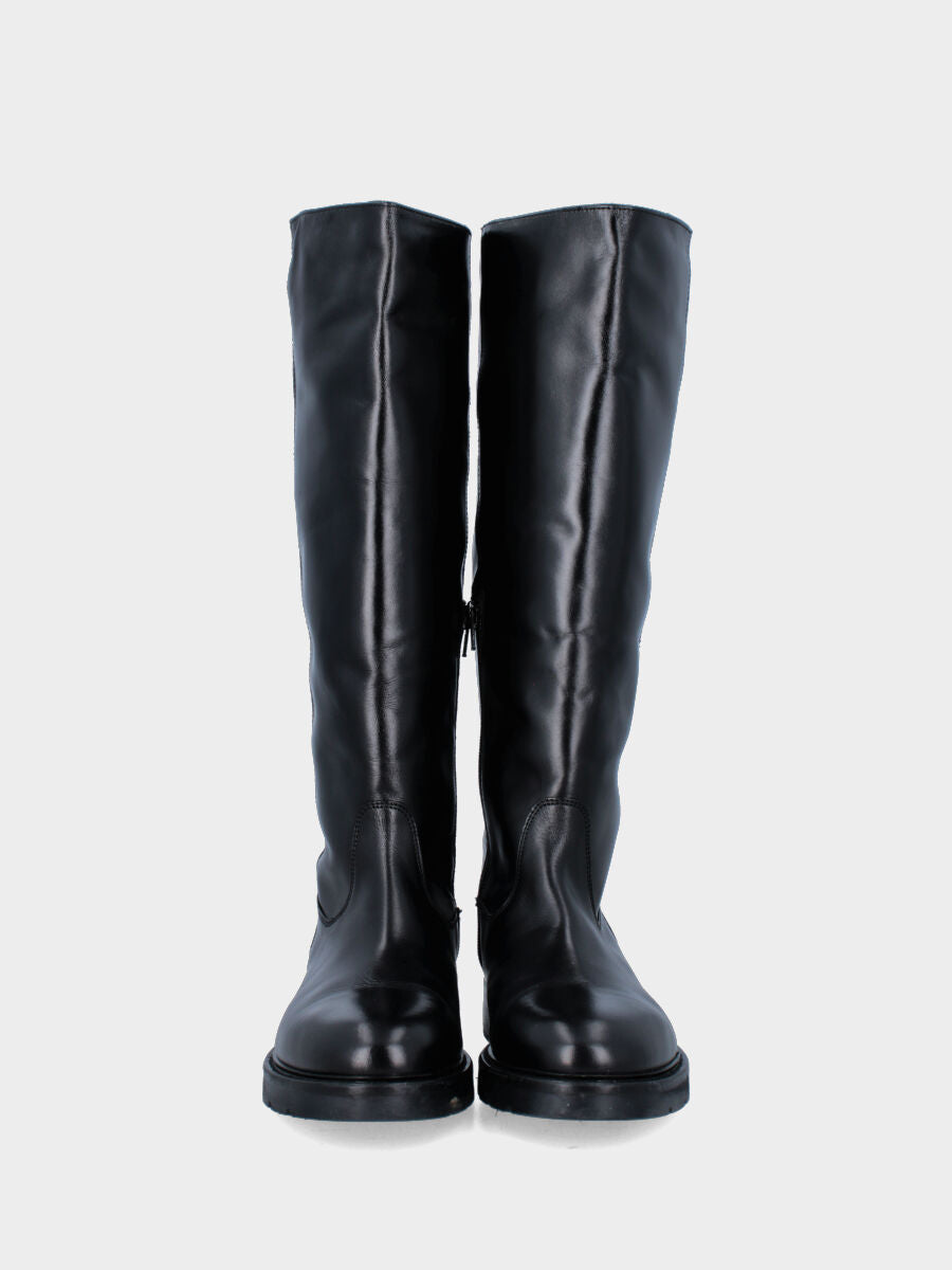 Botte noire en cuir avec tige lisse et fermeture éclair intérieure