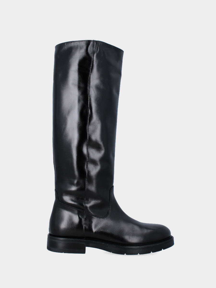 Botte noire en cuir avec tige lisse et fermeture éclair intérieure