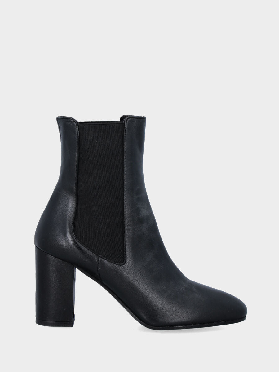 Bottine noire en cuir avec bandes élastiques et talon large enveloppé