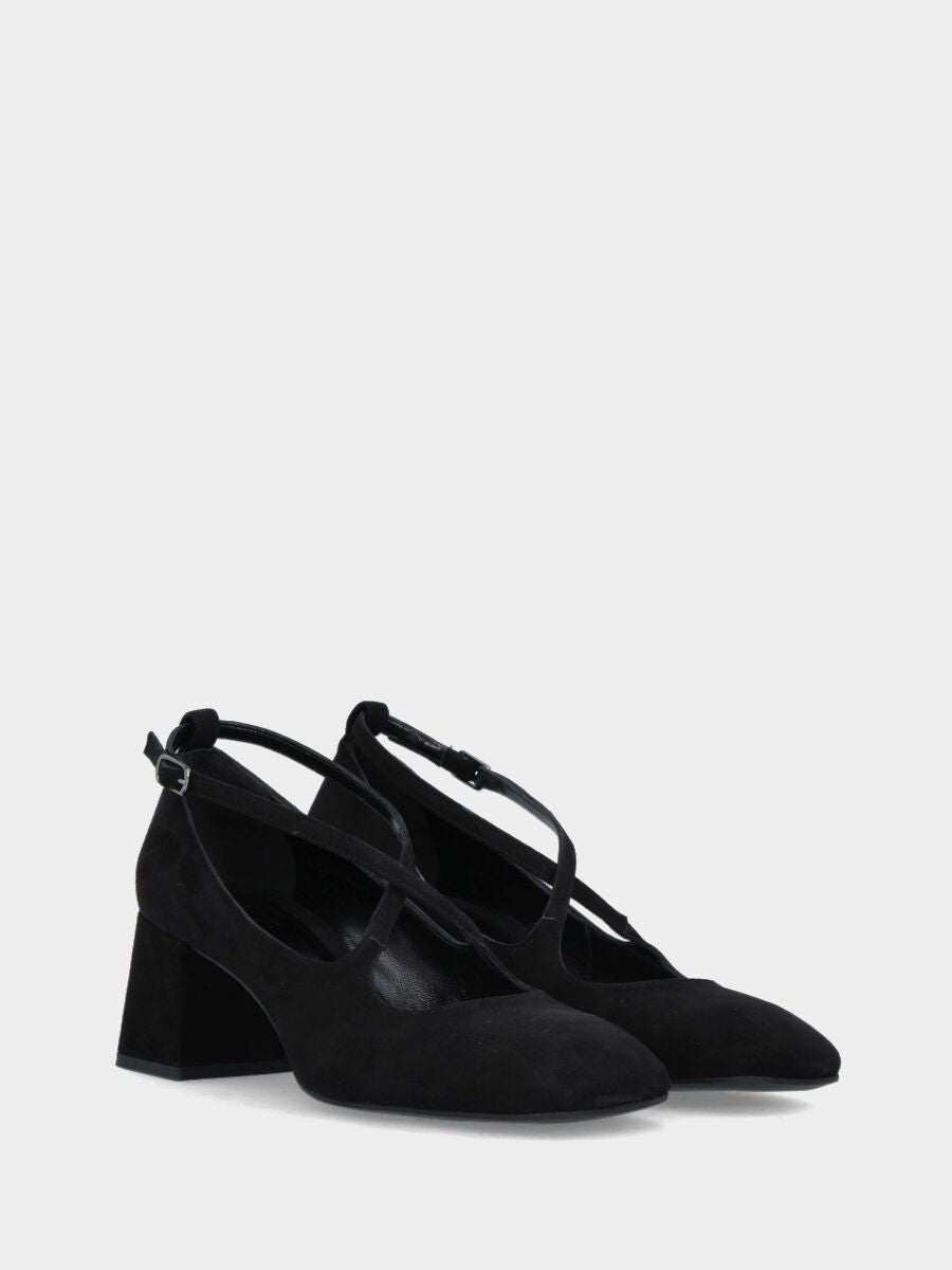 Black leather open pumps with crossed straps