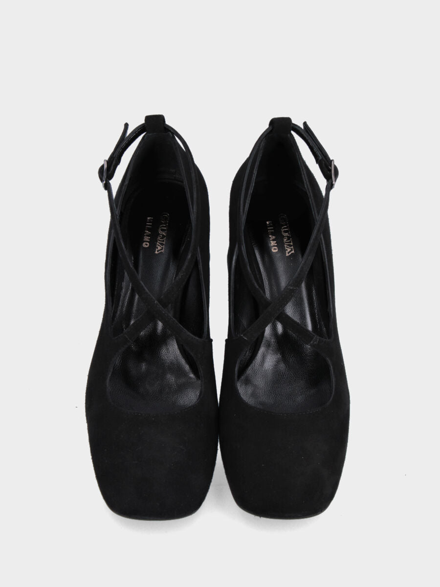 Black leather open pumps with crossed straps
