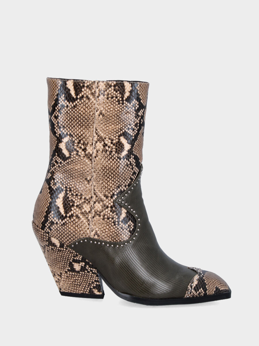 Campero bottine verte en cuir imprimé reptile avec clous