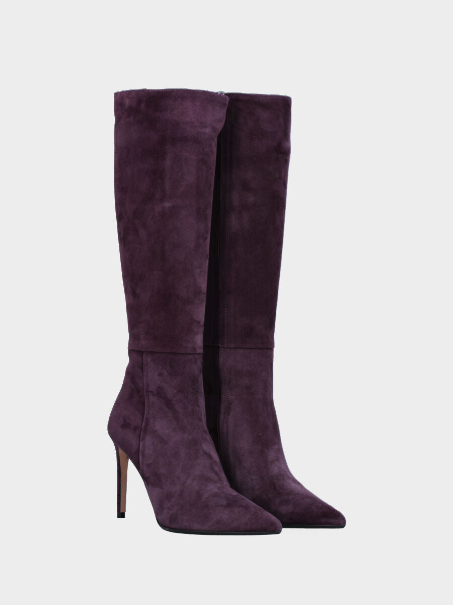 Purple suede boot with zip and stiletto heel