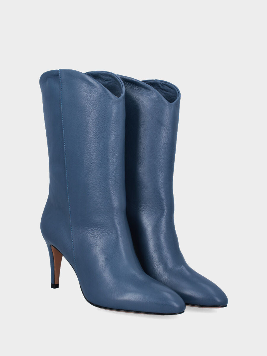 Blue leather ankle boot with rounded shaft