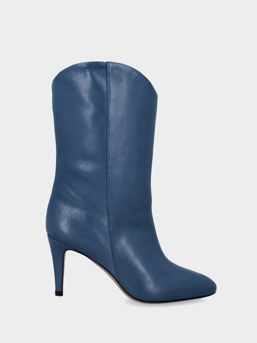 Blue leather ankle boot with rounded shaft