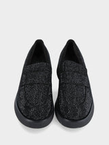 Mocassino nero in pelle con strass e plateau