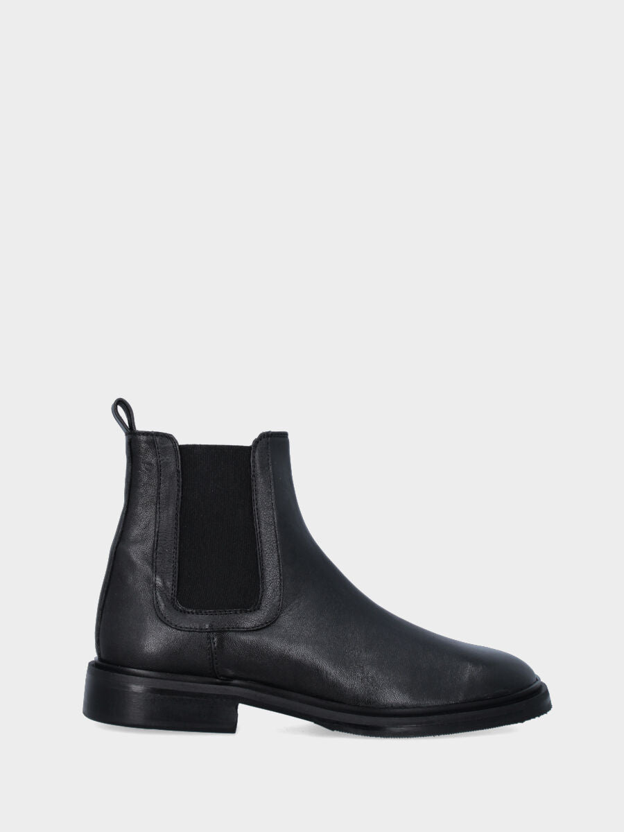 Black smooth leather beatle ankle boot with low heel