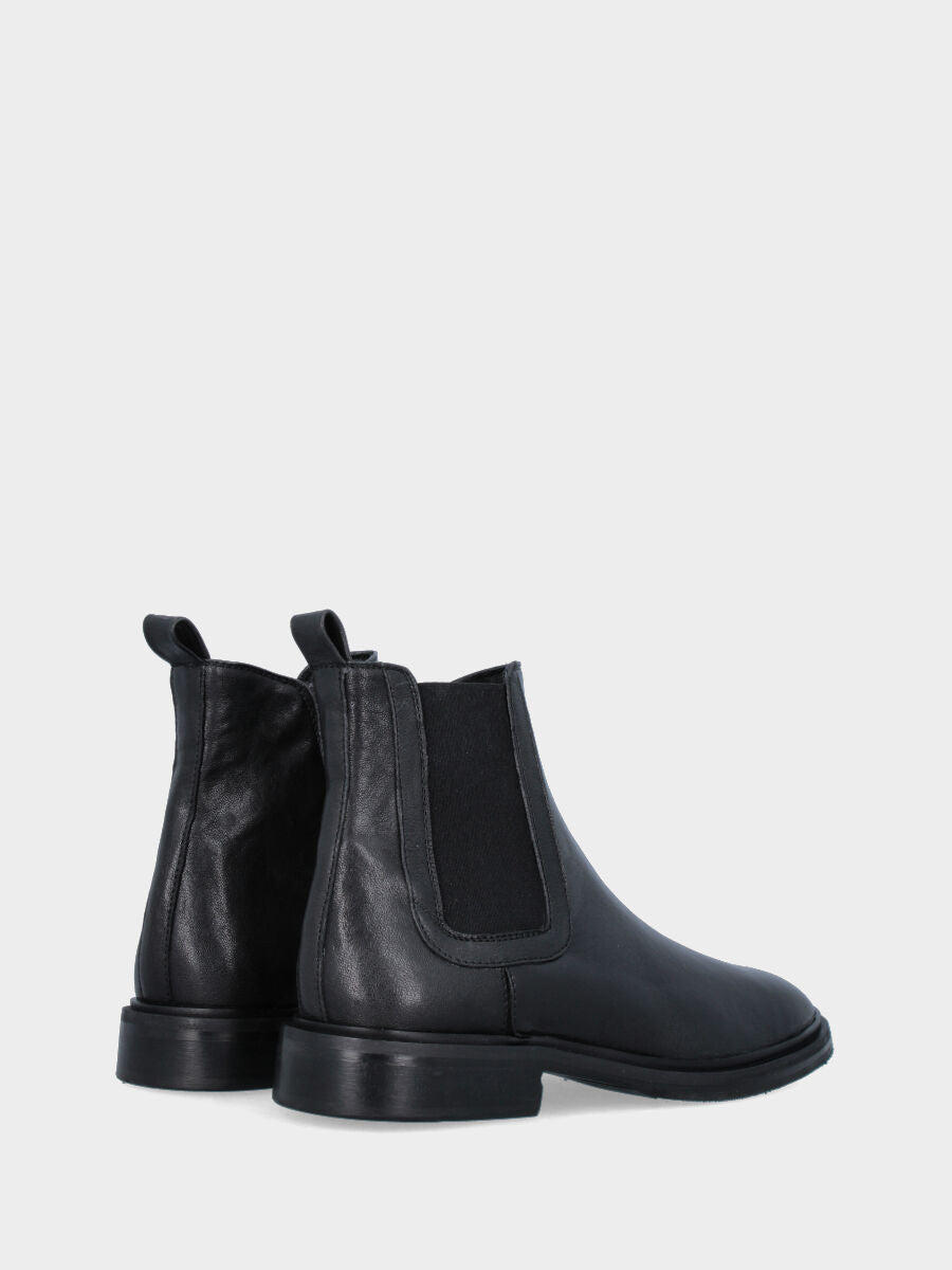 Black smooth leather beatle ankle boot with low heel