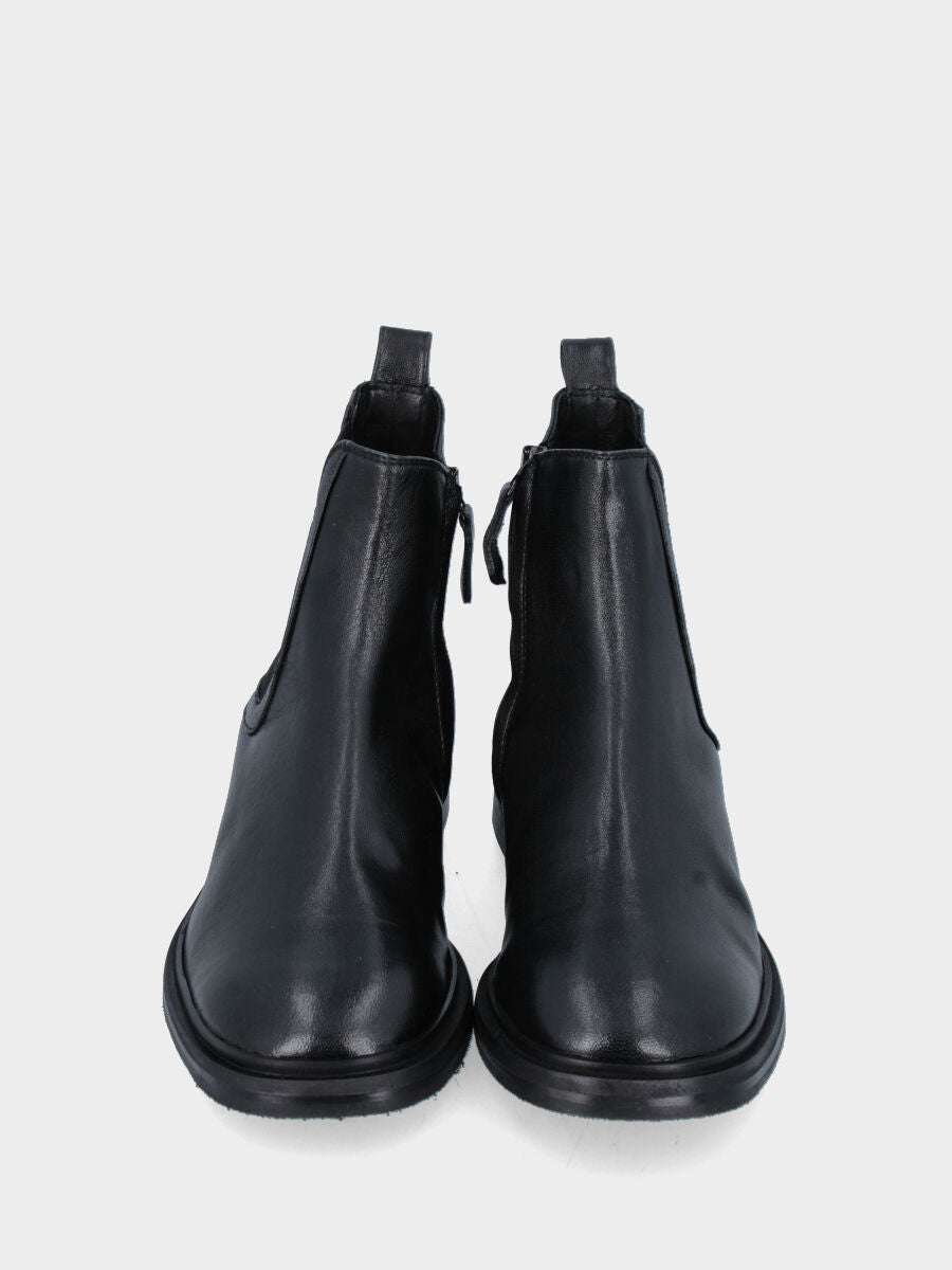 Black smooth leather beatle ankle boot with low heel
