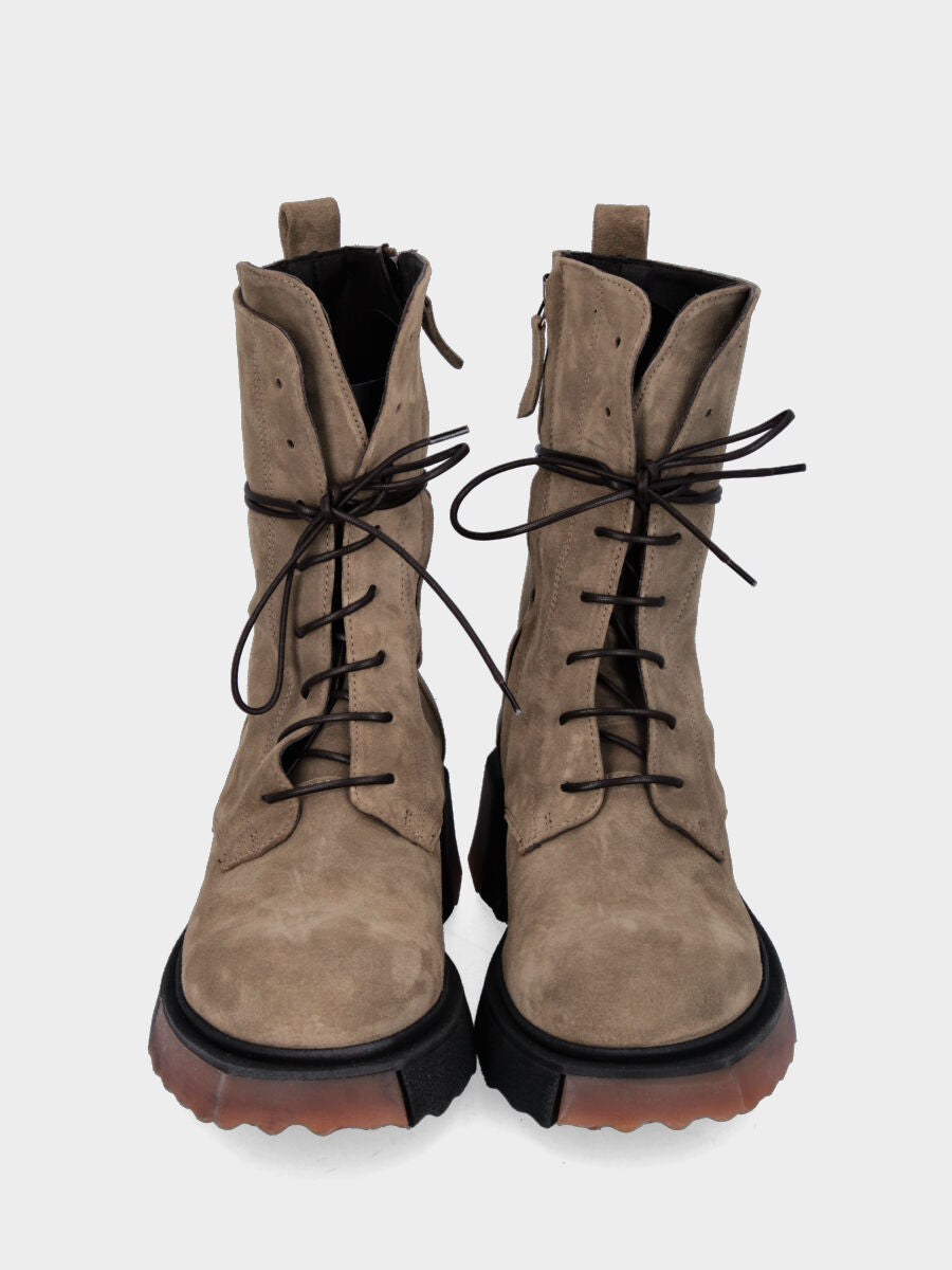 Green leather combat boot with two-tone sole