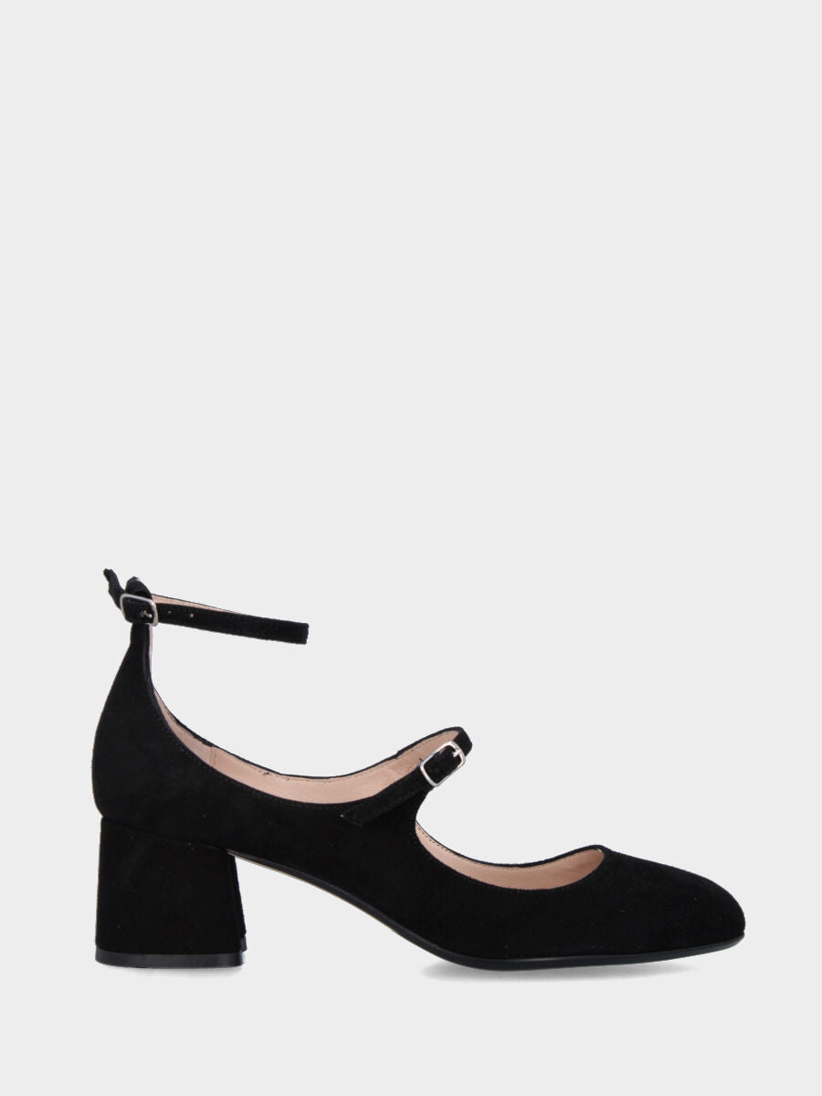 Black suede pumps with wide heel and double straps