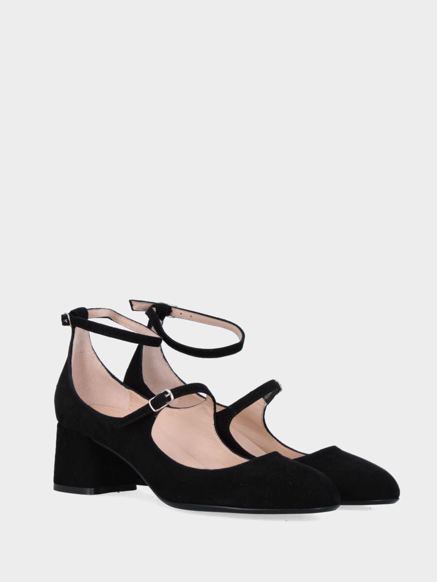 Black suede pumps with wide heel and double straps