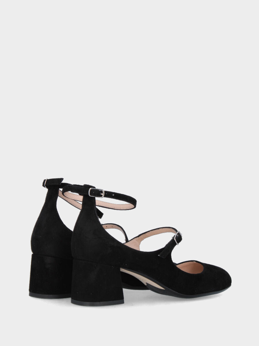 Black suede pumps with wide heel and double straps