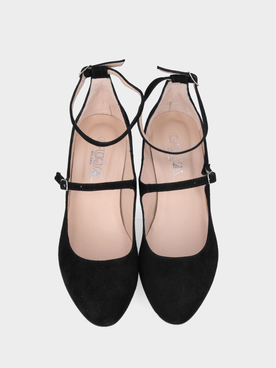 Black suede pumps with wide heel and double straps