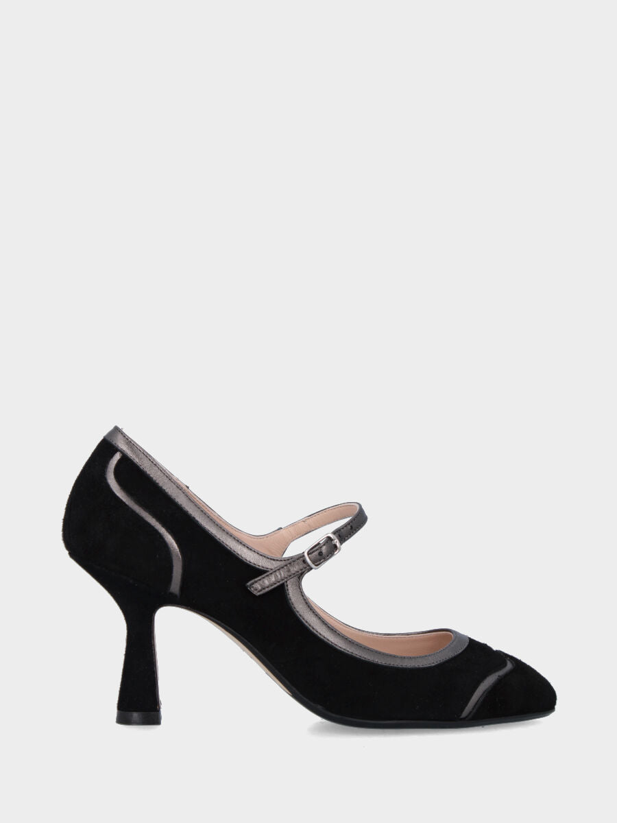 Mary Jane in black suede with silver trims and strap